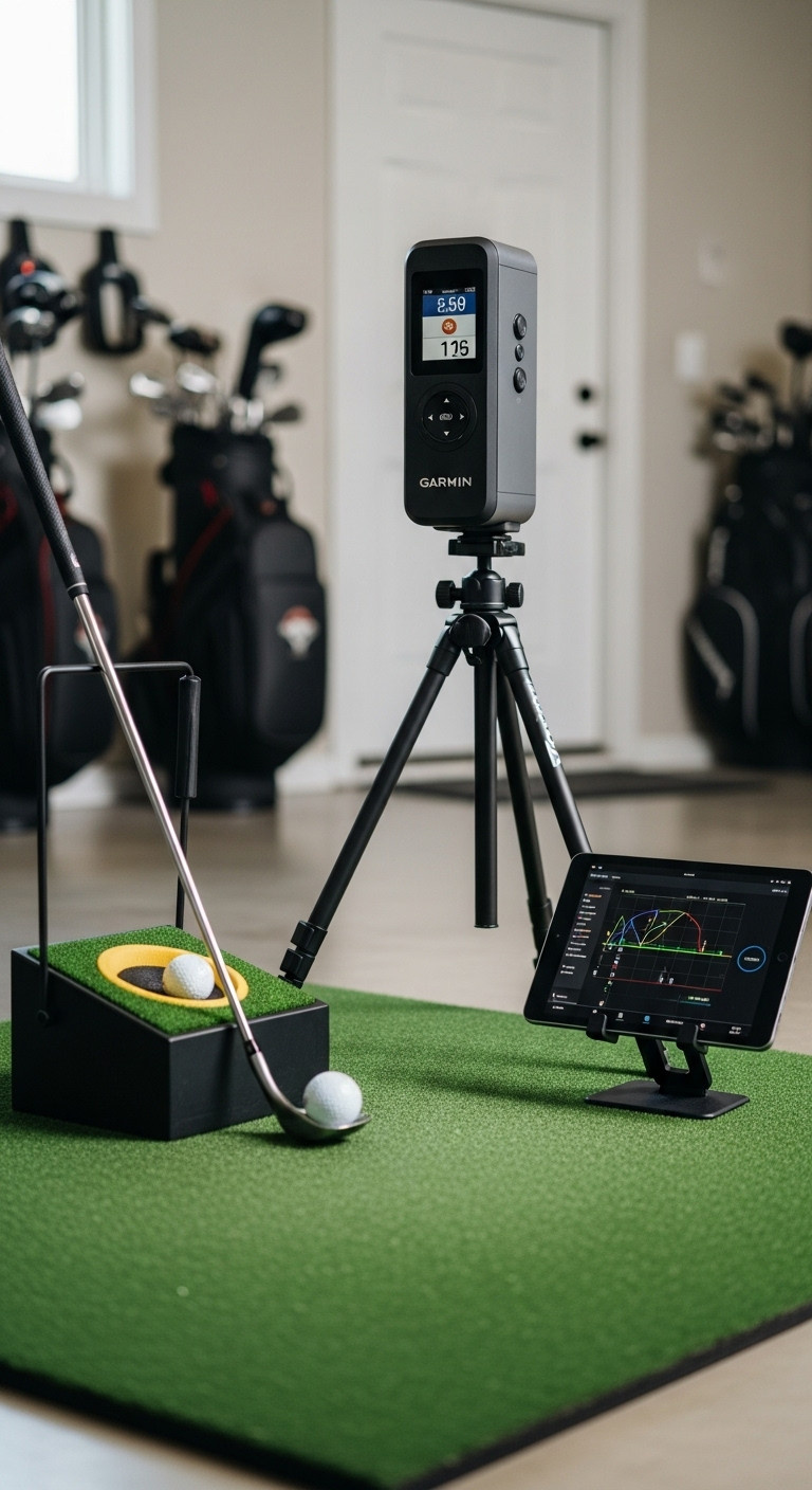 Sleek Personal Golf Launch Monitor On Tripod Behind Golf Ball On Practice Mat In Home Garage With Golf Club And Tablet