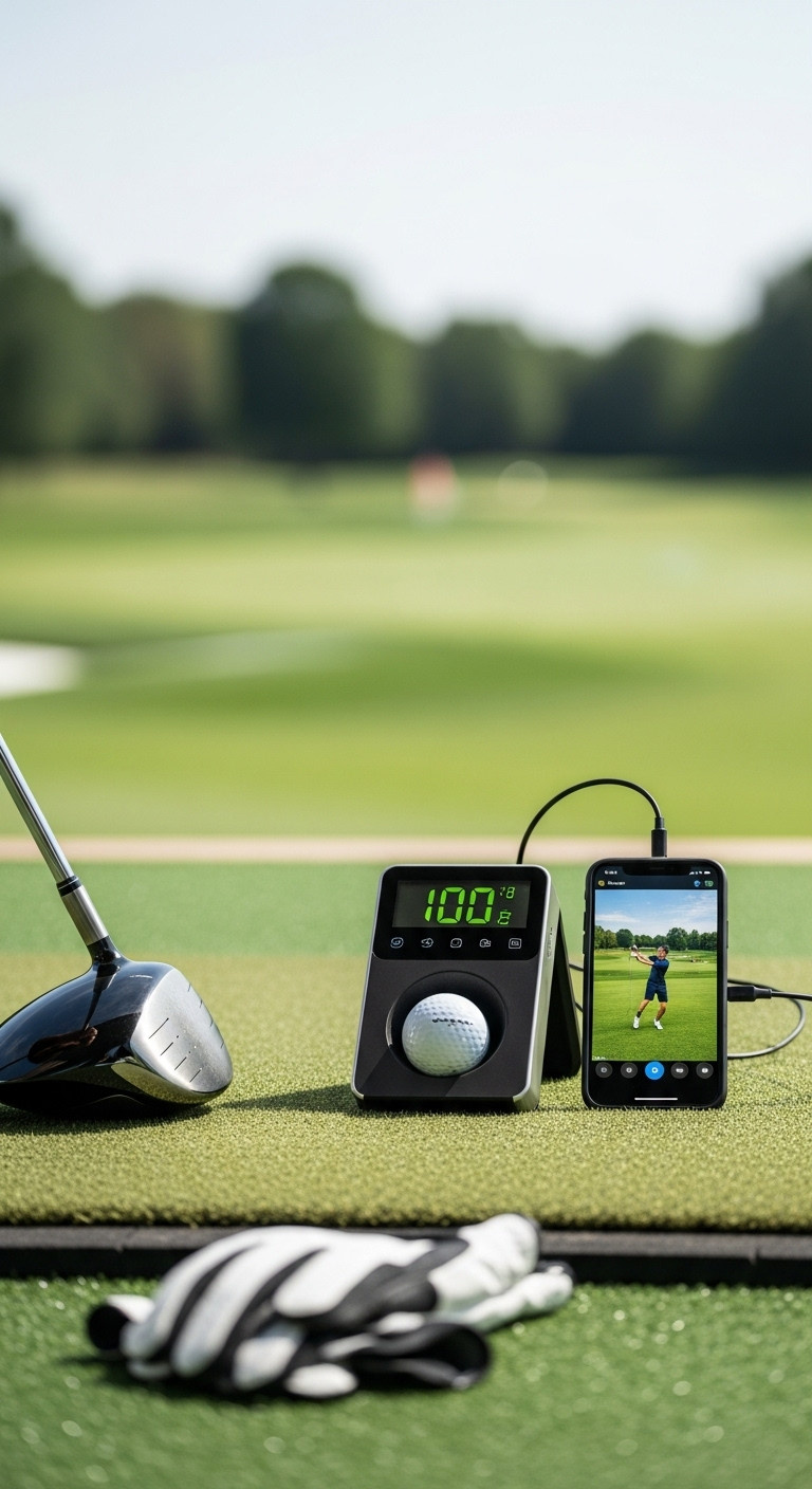 Sleek Portable Golf Launch Monitor With Smartphone Showing Swing Data On A Driving Range Mat With A Blurred Golf Course Background
