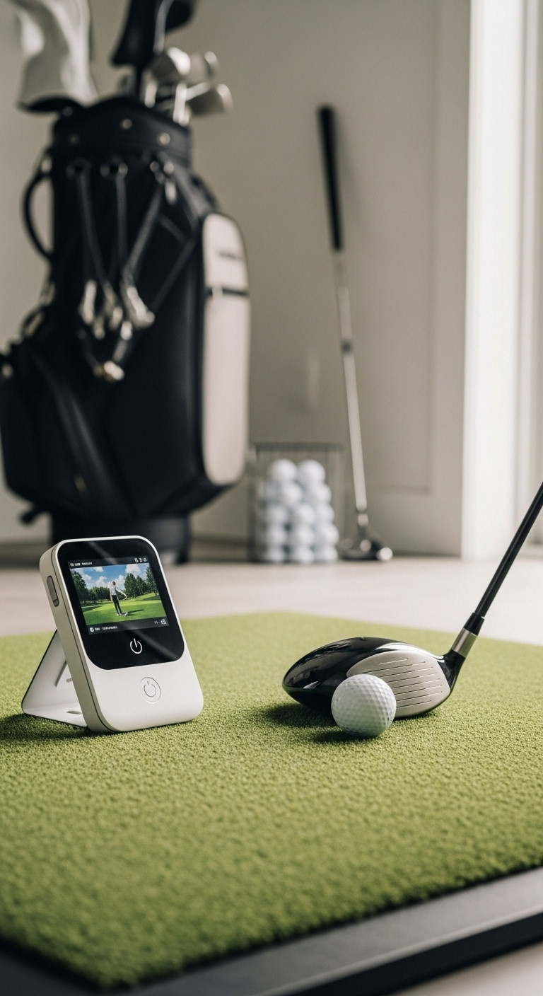 Sleek White Portable Golf Launch Monitor On A Home Driving Range Mat With Golf Ball And Driver Ready To Swing