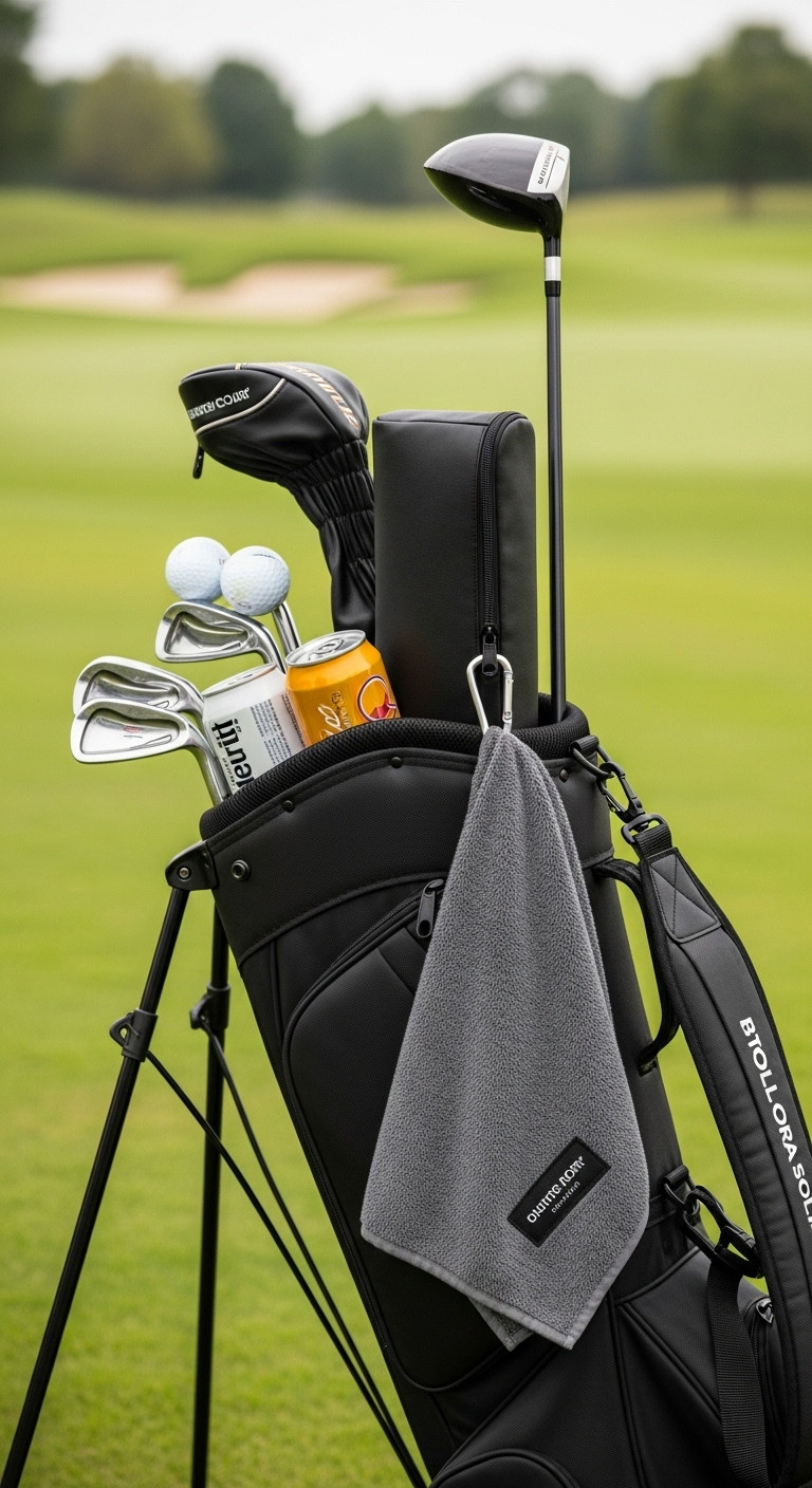 Slim Black Insulated Golf Cooler Bag And Dark Grey All-Weather Golf Towel On A Golf Bag On Lush Green Grass Fairway