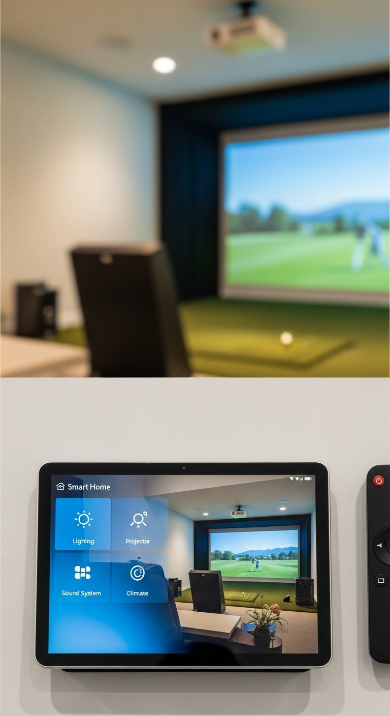 Design Your Perfect Golf Simulator Room Setup From Start To Finish Smart Home Control Panel On A Wall, Integrating Lighting, Projector, Sound, And Climate For A Modern Golf Simulator Room. Automated Home Golf.