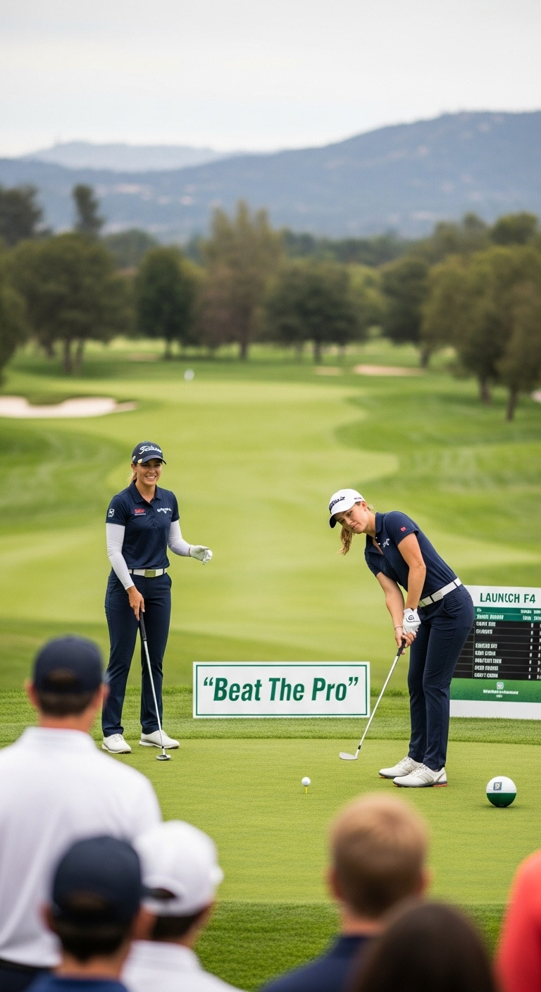 Smiling Female Golf Professional Watching An Amateur'S Tee Shot With Her Ball Near The Pin On A Par-3 Hole