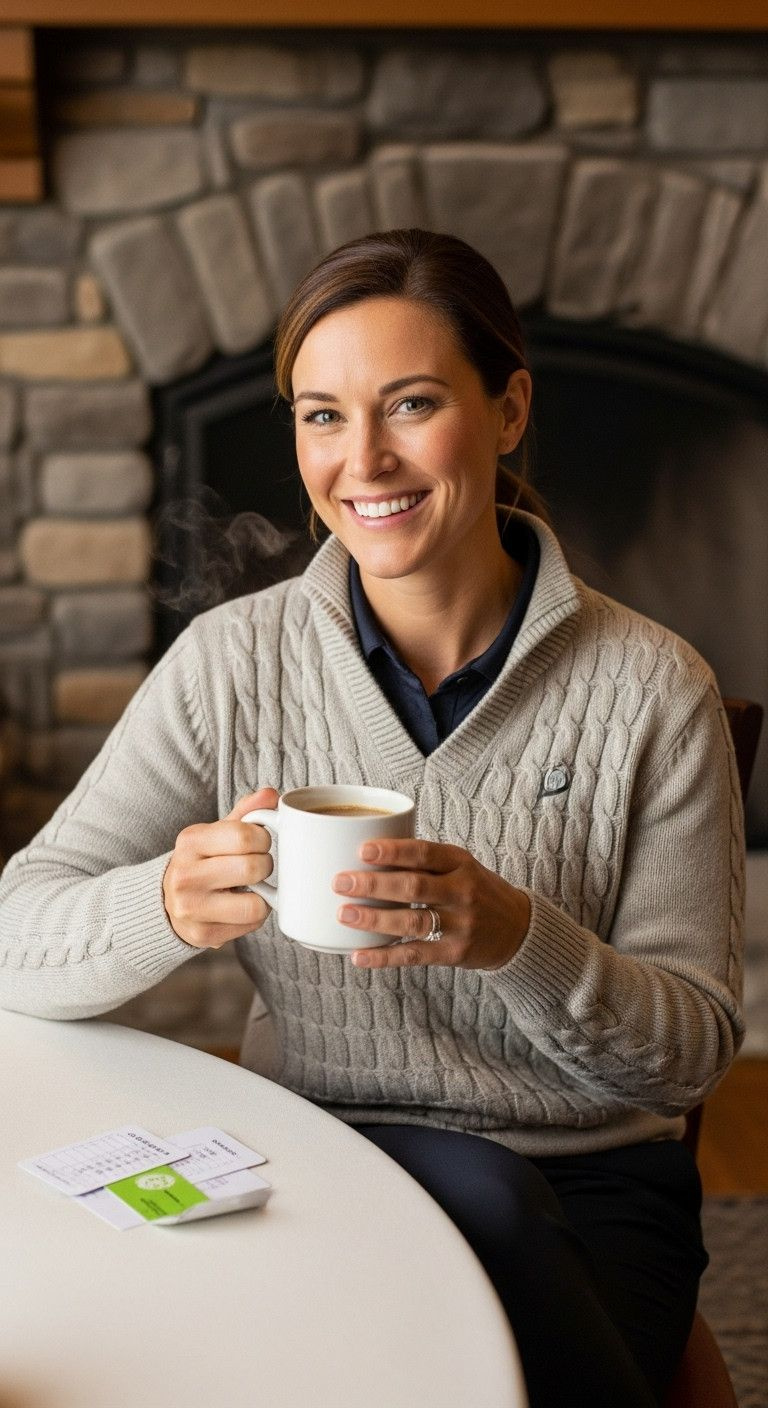 11 Genius Golf Outfits For Women To Stay Warm And Stylish Smiling Woman Golfer In Oatmeal Sweater, Black Thermal Pants, Holding Steaming Coffee Mug In Cozy Clubhouse By Fireplace.
