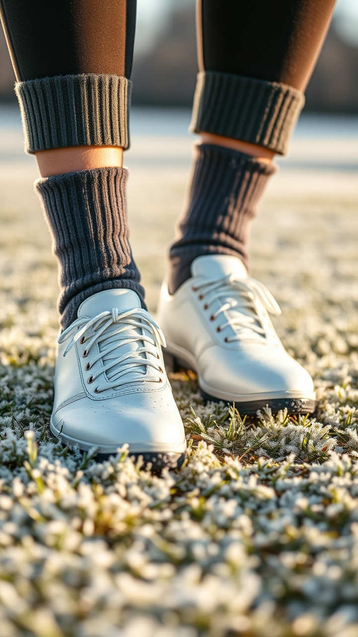 Cold Weather Golf Outfits For Women That Actually Work On The Course Smiling Woman Golfer Wearing A Stylish Cream Cable-Knit Beanie, Enjoying Golden Hour On A Winter Golf Course.