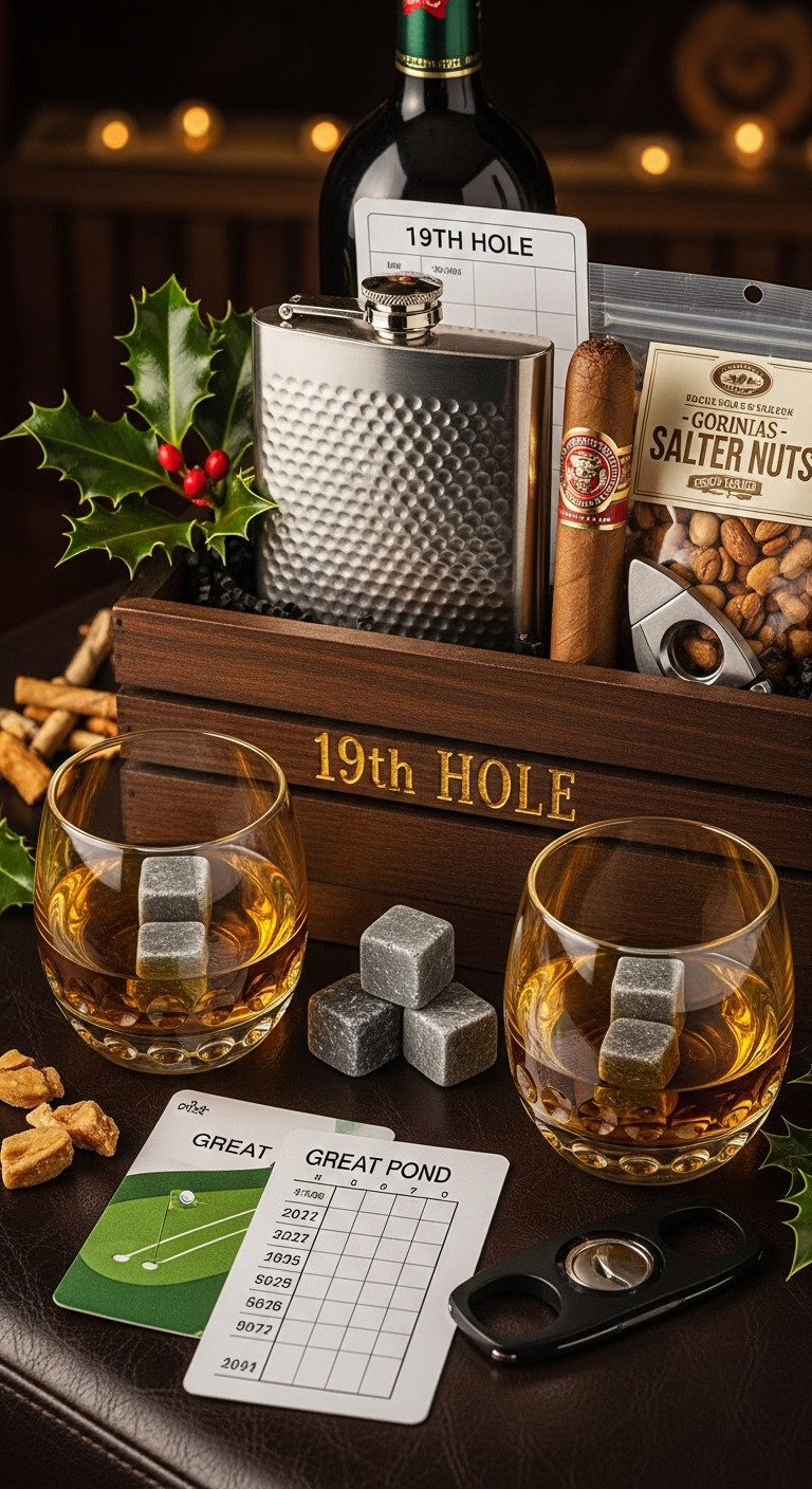 Sophisticated 19Th Hole Golf Gift Box With Flask Whiskey Glasses Cigar And Nuts For Christmas Celebration