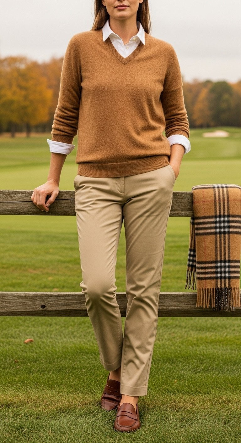 Sophisticated Autumn Golf Outfit: Camel V-Neck Sweater Over White Shirt With Khaki Trousers, On A Golf Course.