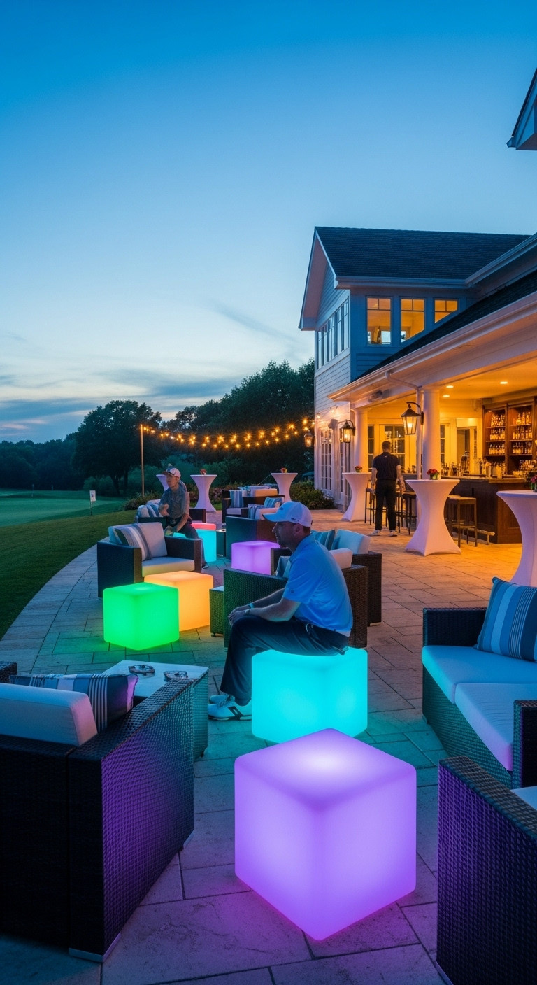 Sophisticated Post Event Awards Lounge At A Golf Clubhouse Patio At Dusk With Modern Seating And Led Lights