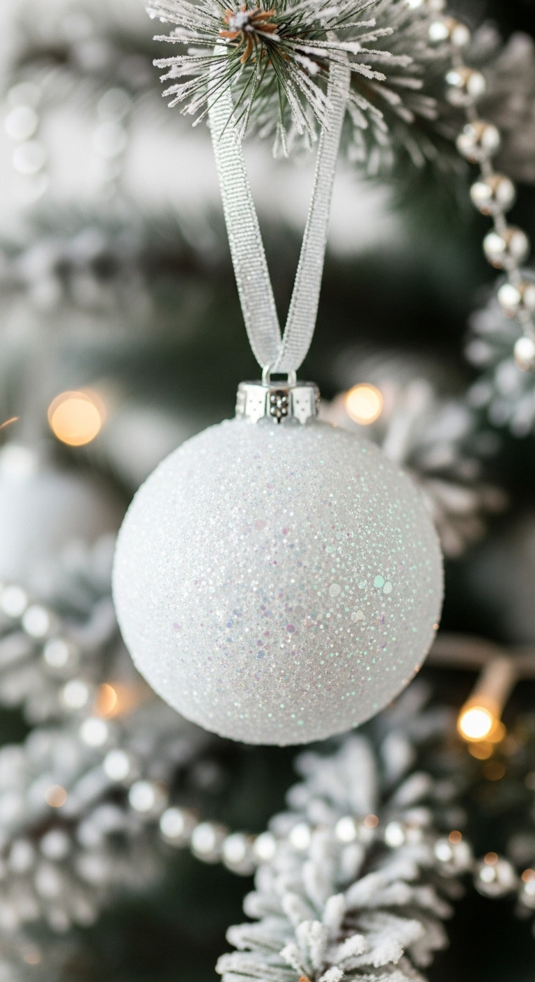 Sparkling Glitter Snowball Ornament Golf Ball Hanging On A Frosted Christmas Tree Branch With Faux Snow And Silver Garland