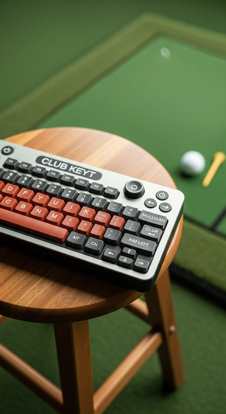 Specialized Compact Golf Simulator Club Keyboard Resting On An Elegant Wooden Stool Near A Hitting Mat