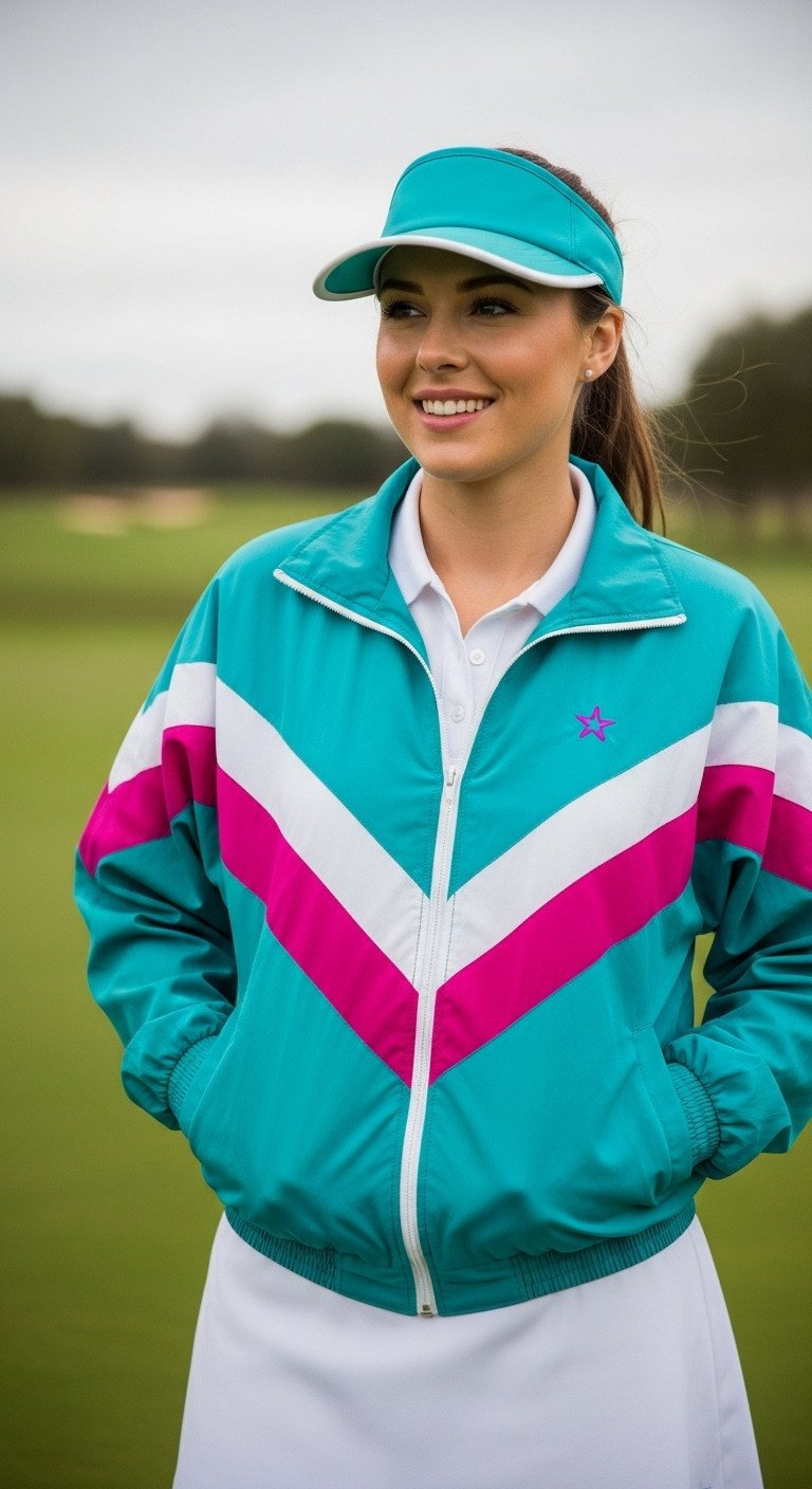 Sporty 80S Golf Outfit: Color-Block Windbreaker (Turquoise, Magenta, White) Over White Polo, Turquoise Visor, Golf Skirt.