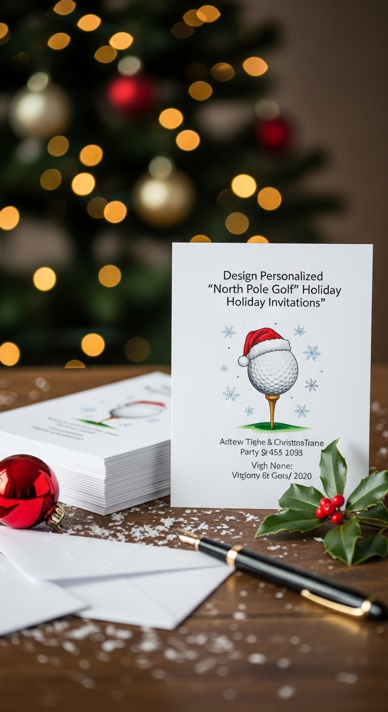 Stack Of Elegant Christmas Golf Party Invitations With A Santa Hat Golf Ball Design On A Dark Wood Desk With Holly And Pen