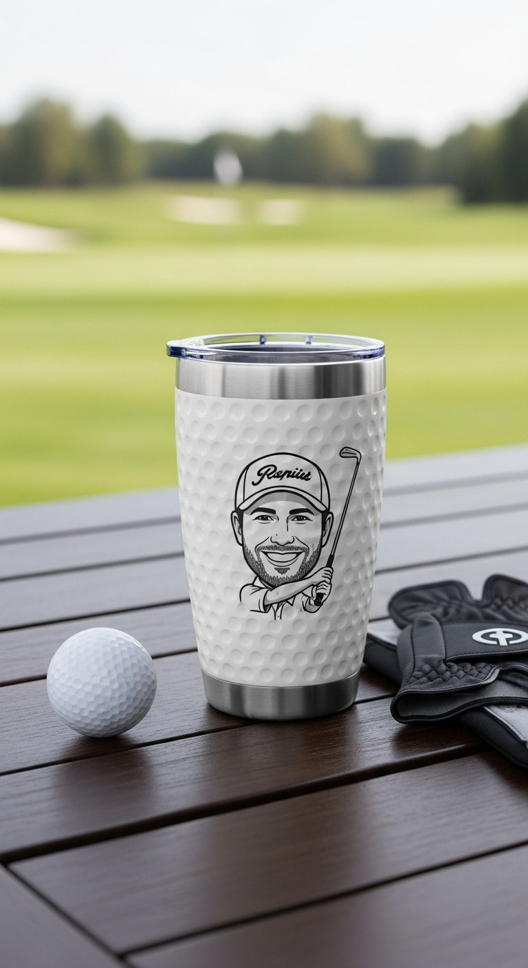 Stainless Steel Golf Ball Textured Tumbler With Personalized Golfer Caricature On A Patio Table With A Golf Course Background