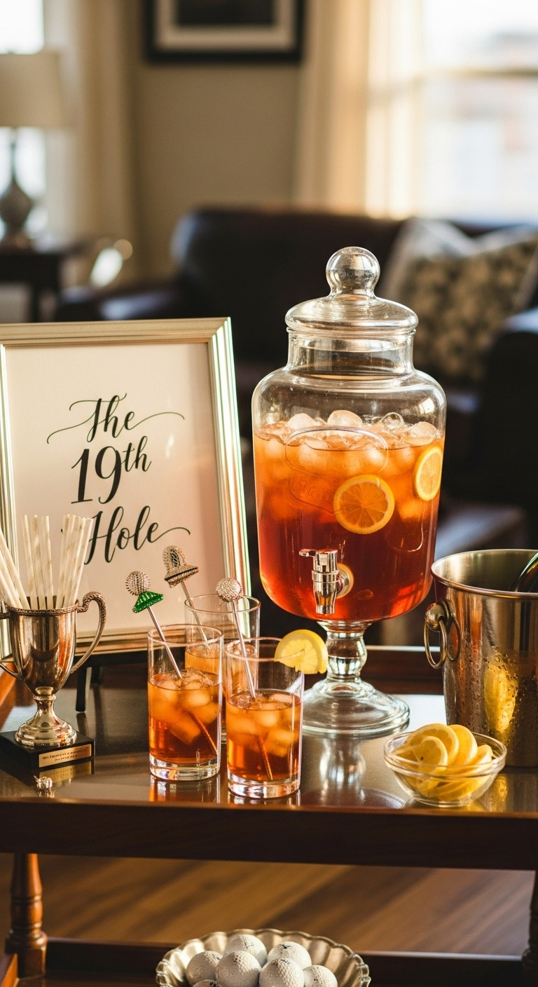 Stylish 19Th Hole Bar Setup With Arnold Palmer Dispenser Glasses Ice Bucket And Vintage Silver Trophy