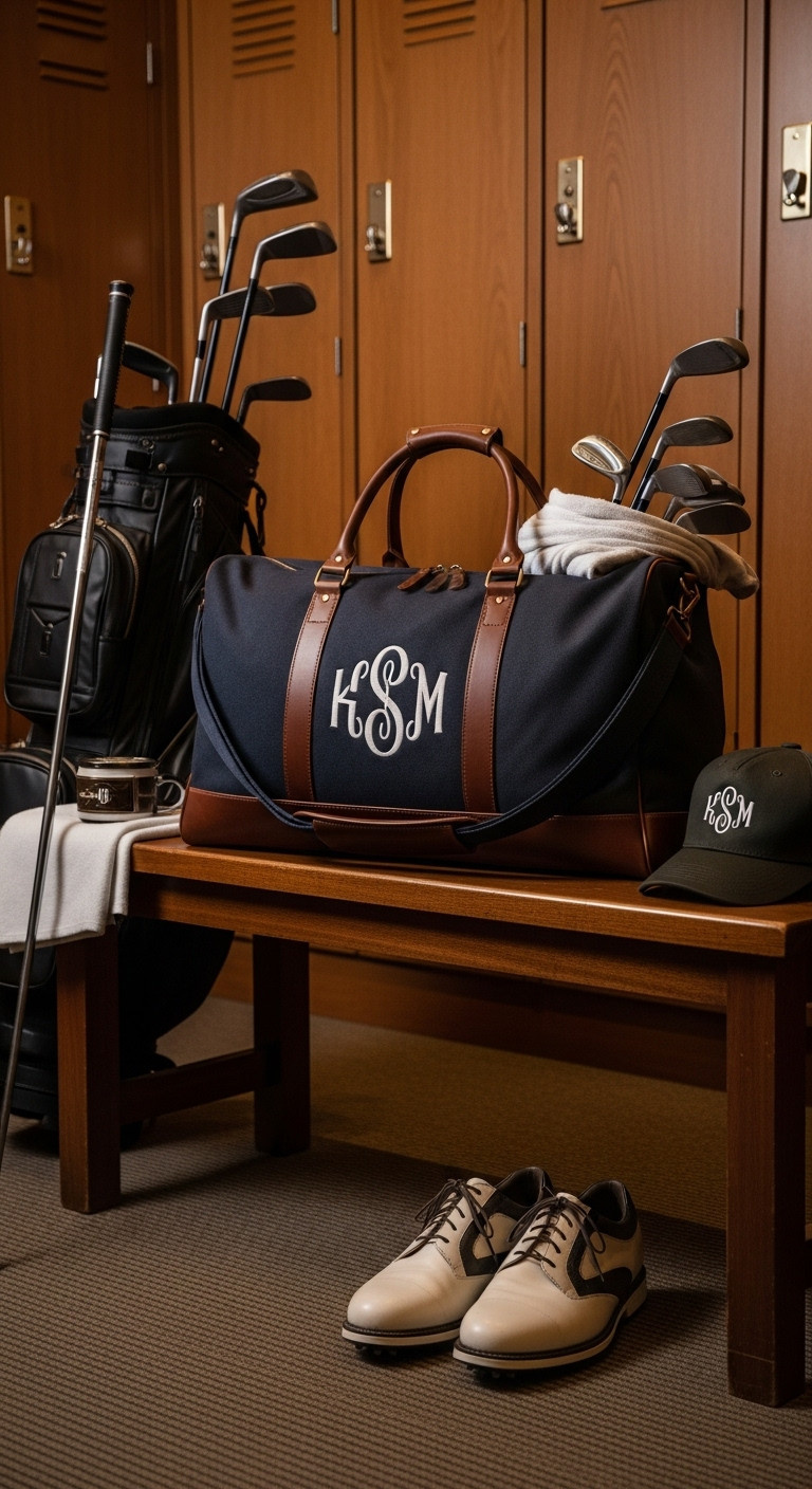 Stylish Durable Monogrammed Golf Duffle Bag Packed For A Weekend Trip On A Wooden Bench In A Locker Room