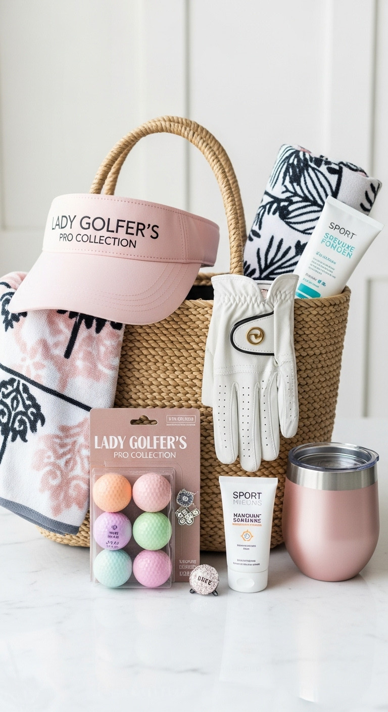 Stylish Lady Golfers Pro Collection Gift Basket With Visor Glove Pastel Balls And Bling Marker For Christmas