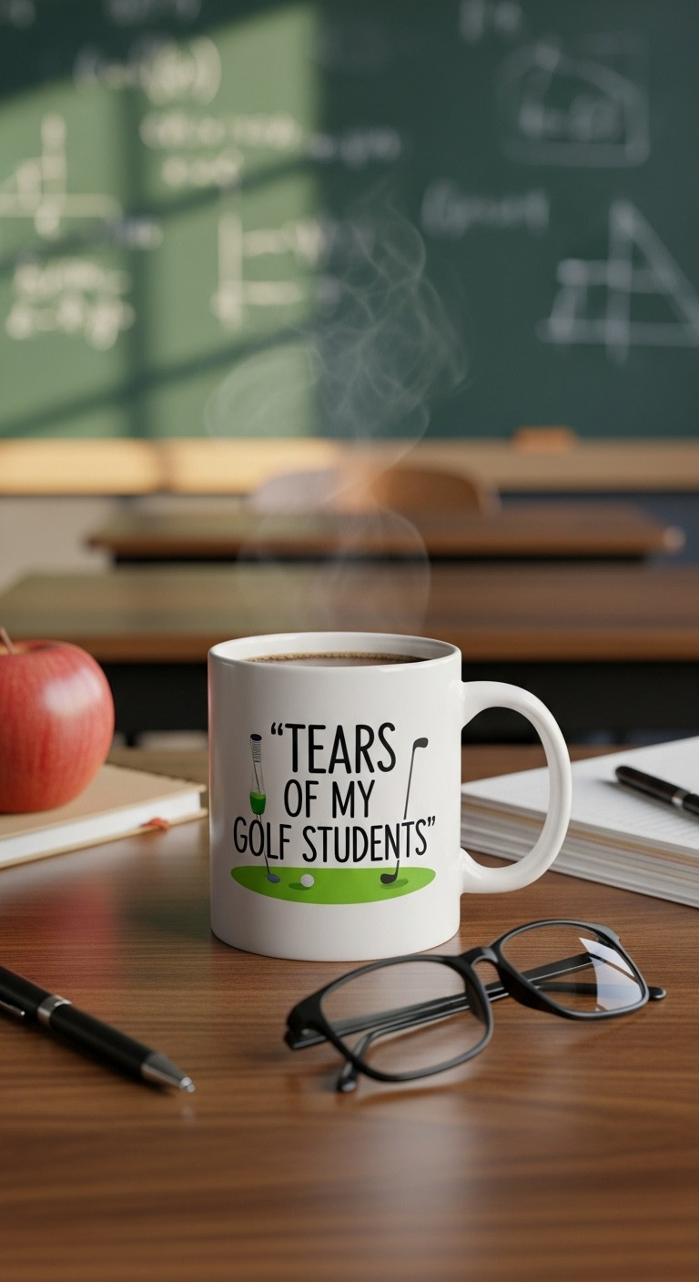 Stylish Ceramic Coffee Mug With Tears Of My Golf Students Phrase Filled With Coffee On A Teacher'S Desk