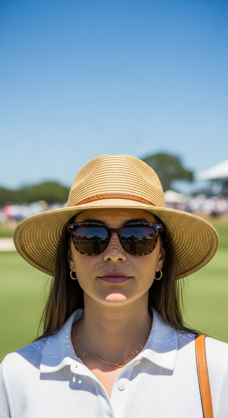 Stylish Golf Event Outfit With Wide-Brimmed Straw Hat Tortoise-Shell Sunglasses Gold Necklace And Leather Bag Strap