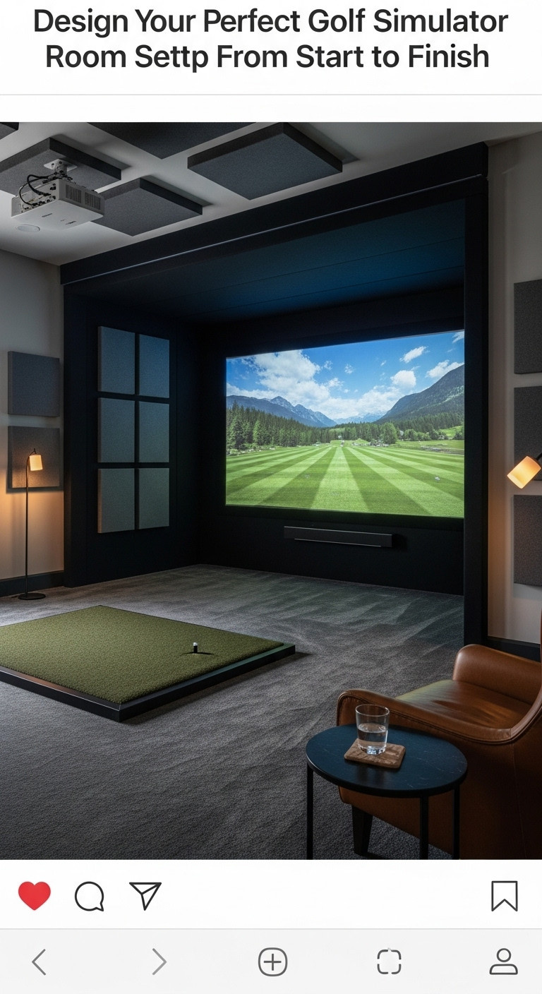 Design Your Perfect Golf Simulator Room Setup From Start To Finish Stylish Golf Simulator Room Featuring Dark Gray Acoustic Panels, A Vibrant Impact Screen, Plush Carpet, And A Comfortable Leather Chair For Luxury Home Golf.