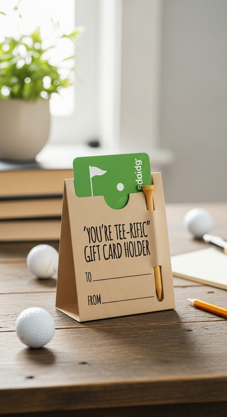 Stylish Golf Themed Gift Card Holder With Youre Tee Rific Phrase And Golf Tees Holding A Gift Card On A Rustic Wooden Desk