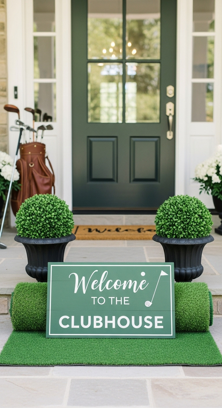 Stylish Golf Themed Party Entrance With Welcome To The Clubhouse Sign Boxwood Balls Artificial Turf And Vintage Golf Bag