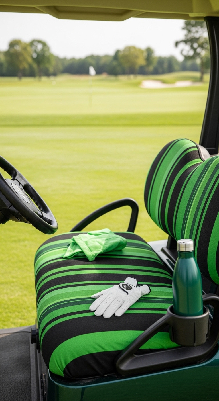 Stylish Green And Black Striped Golf Cart Seat Cover With Glove And Water Bottle On Fairway