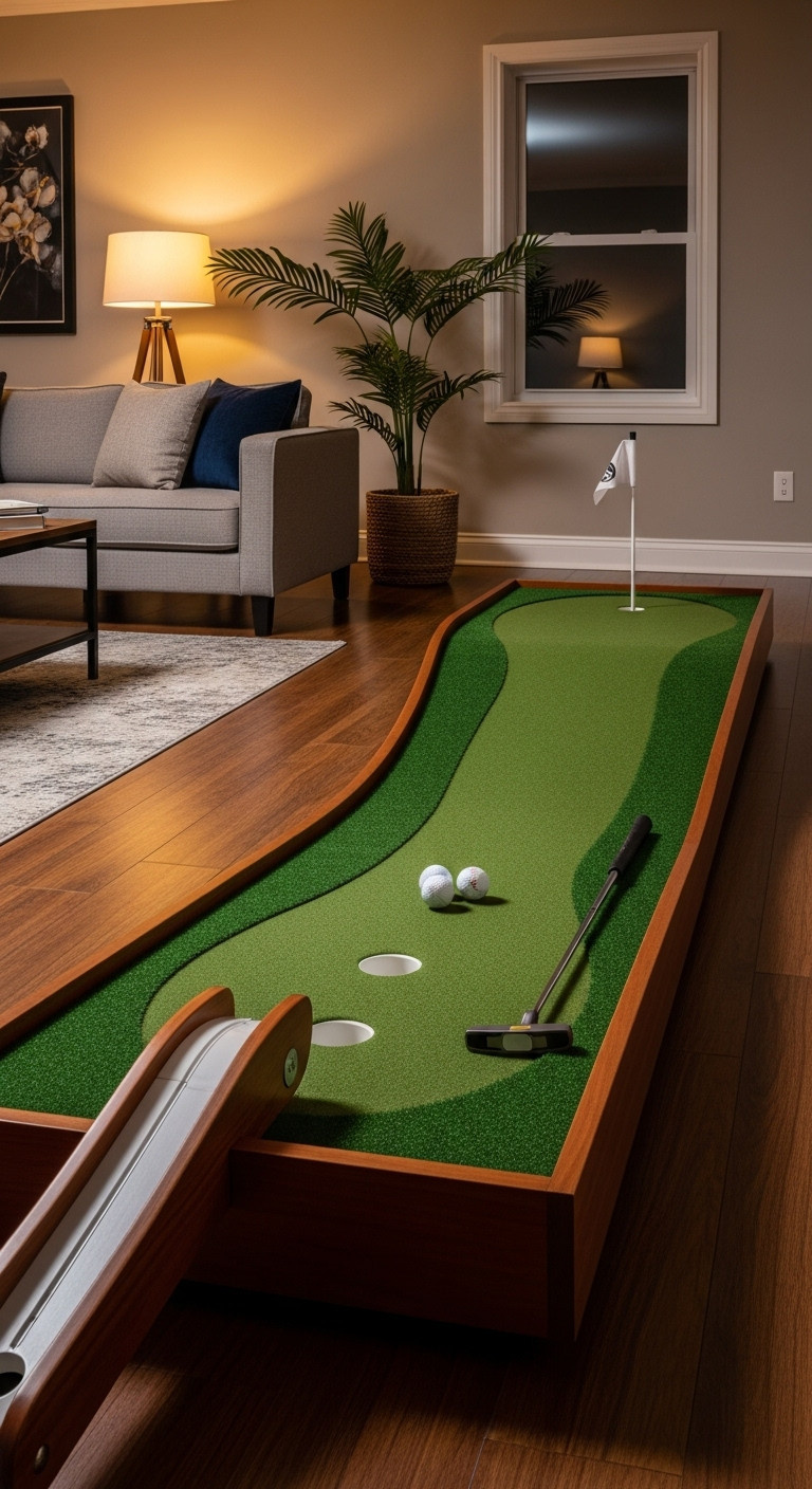 Stylish Indoor Putting Green With Automatic Ball Return In A Modern Living Room Setting