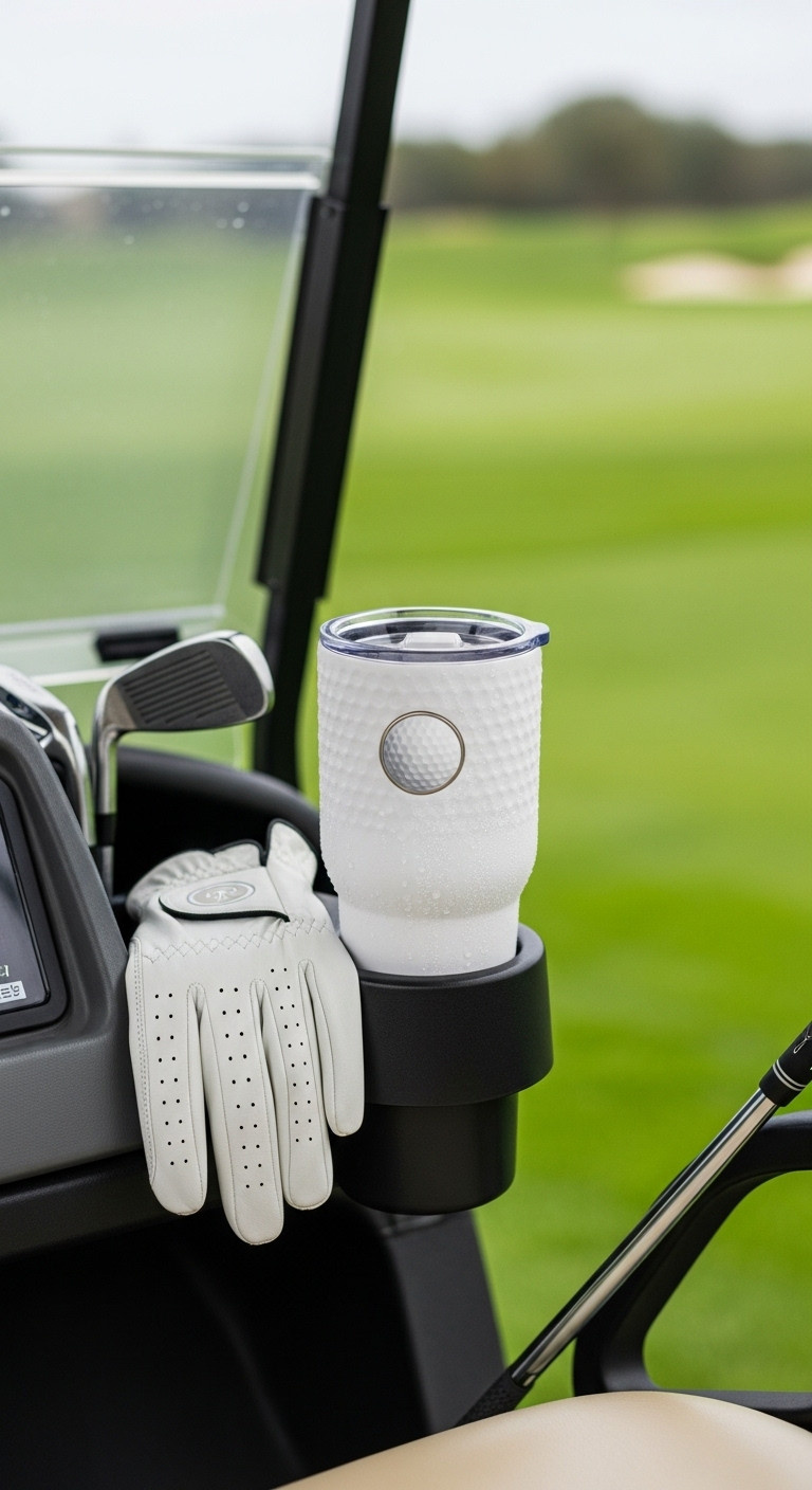 Stylish Insulated Golf Ball Texture Tumbler With Condensation In A Golf Cart Cup Holder On A Lush Green Golf Course