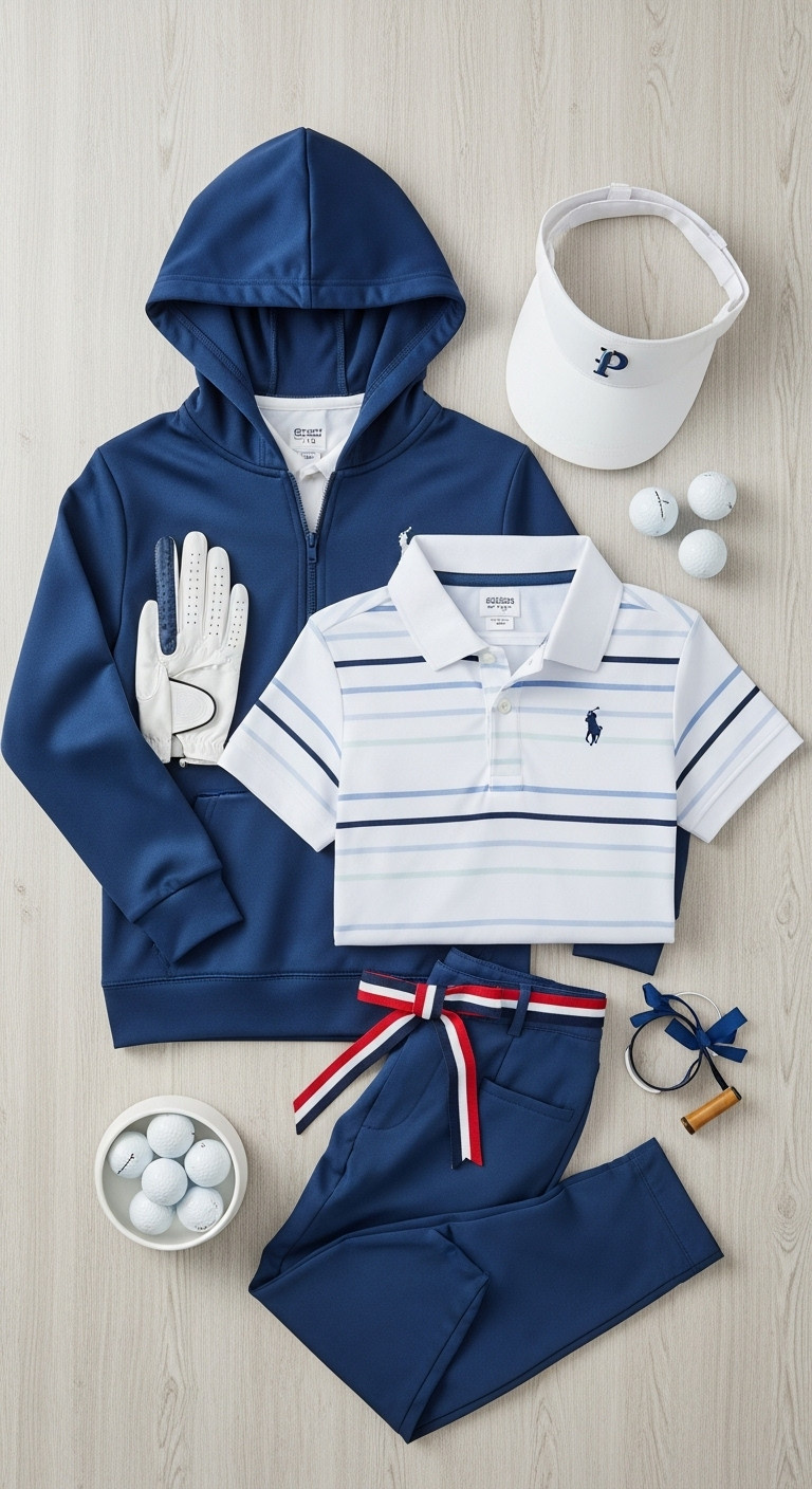 Stylish Junior Golf Outfit Flat Lay With A Hoodie Polo Belt And Accessories