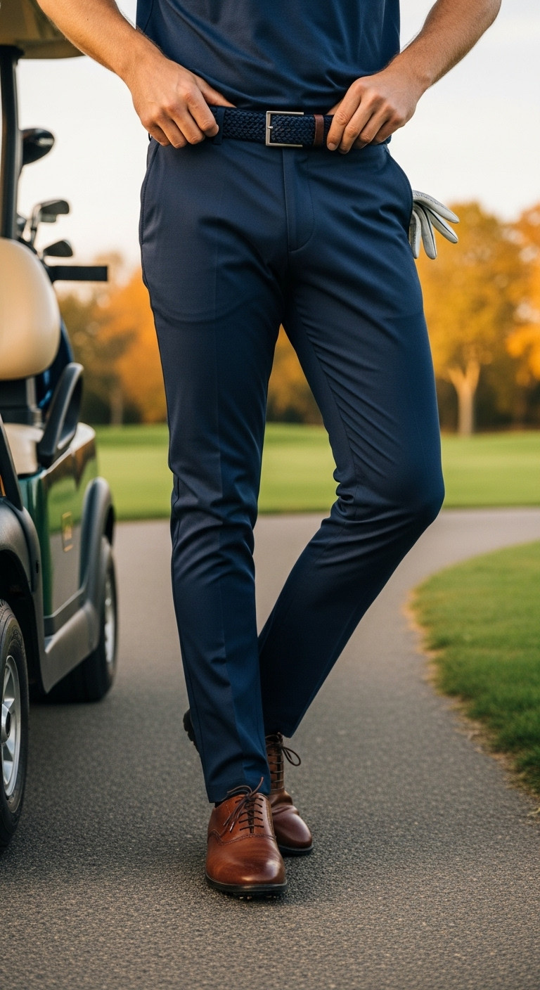 Stylish Man On Golf Course Adjusting A Woven Belt, Wearing Slim-Fit Navy Golf Pants And Brown Leather Golf Shoes During Golden Hour.
