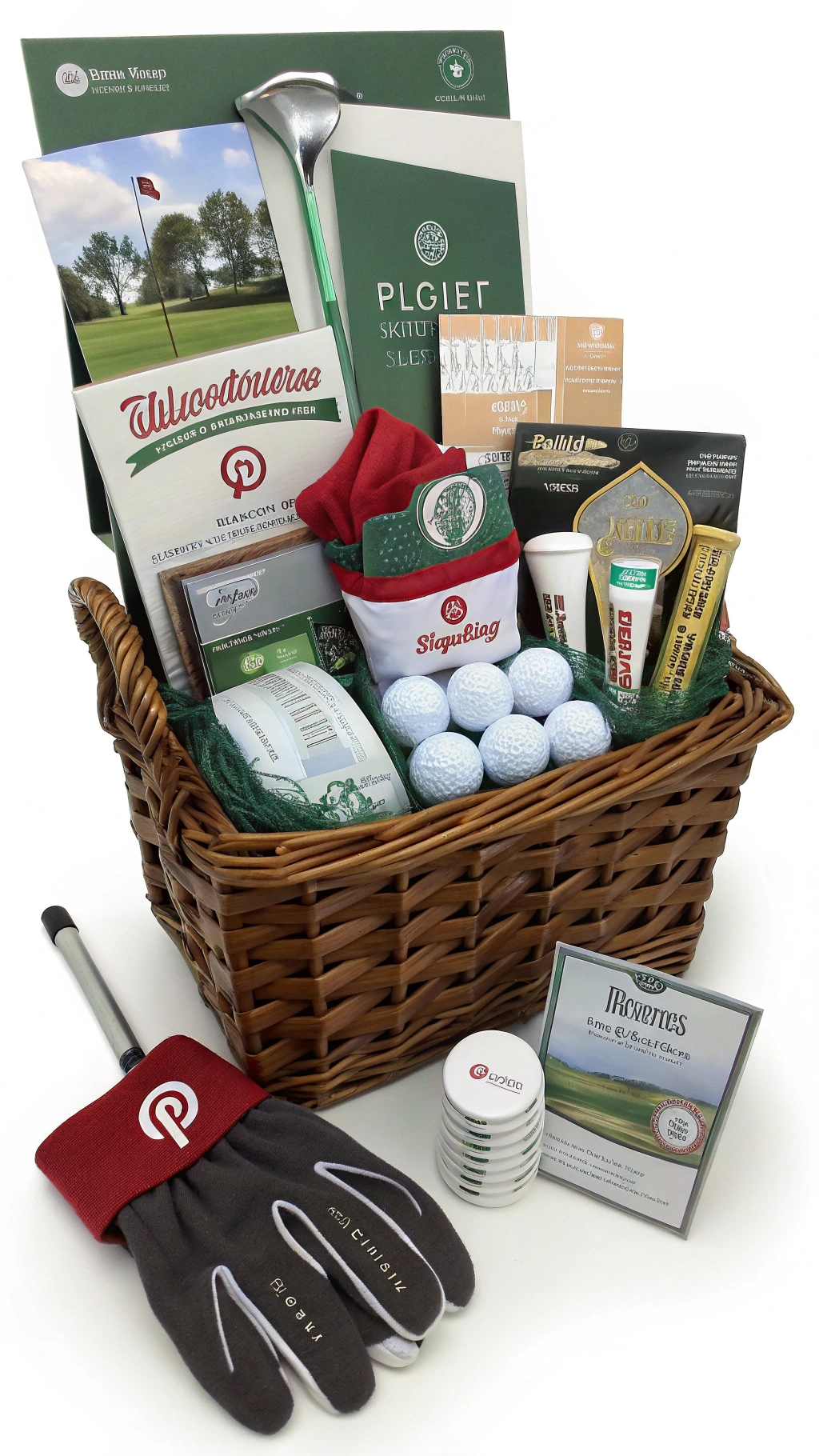 Stylish Overflowing Gift Basket For A Senior Golfer With Personalized Towel Golf Balls Coffee Protein Bars Tumbler And Leather Bag Tag