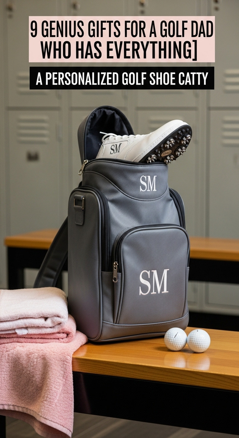 Stylish Personalized Golf Shoe Bag With Embroidered Initials On A Wooden Locker Room Bench With Golf Shoe Inside