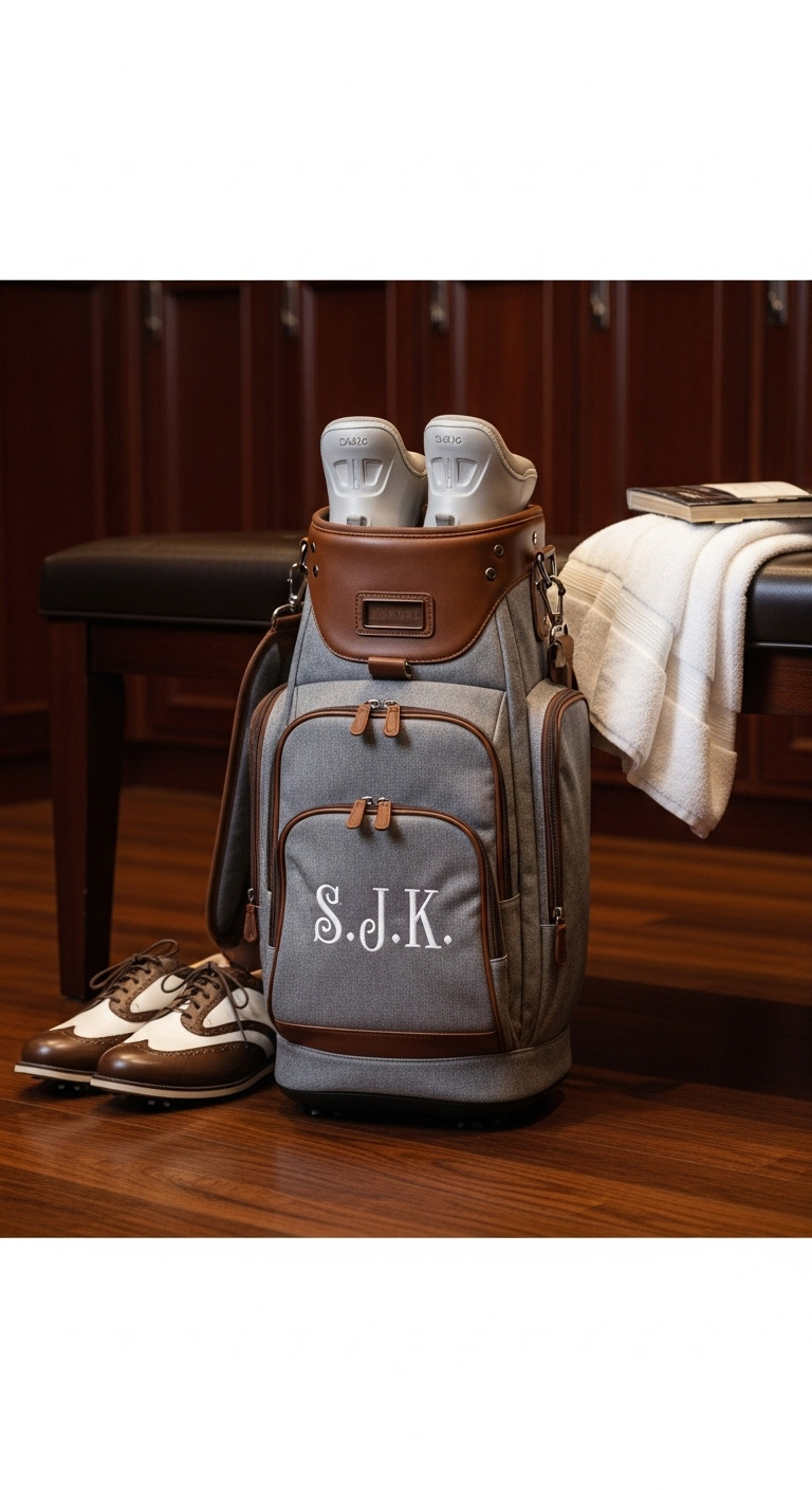 Stylish Personalized Gray Canvas Golf Shoe Bag With Embroidered Initials In A Luxurious Locker Room