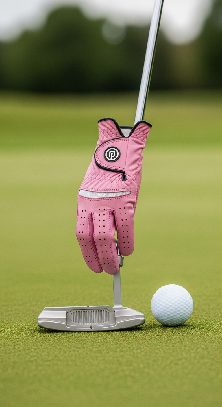 Stylish Soft Pink Cabretta Leather Women'S Golf Glove Draped Over A Putter Grip On A Putting Green