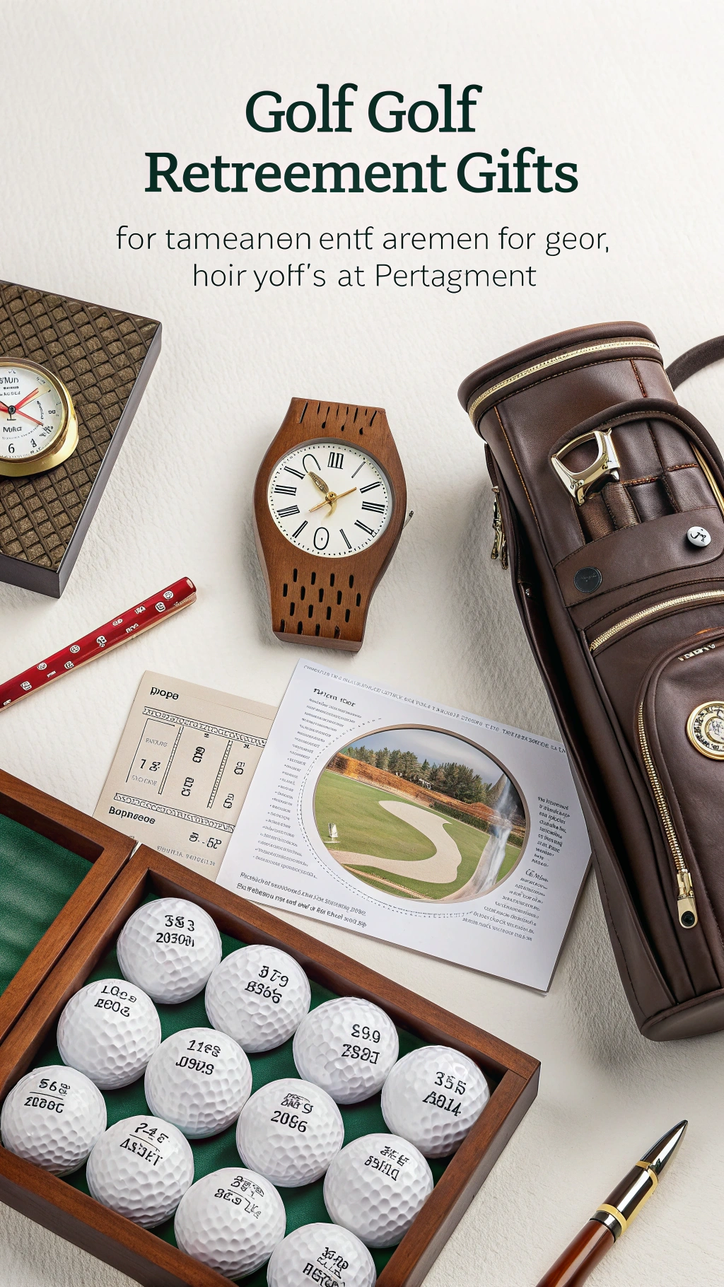 Stylish Tan Leather Miniature Golf Bag Pen Holder With Golf Club Shaped Pens And Tiny Metal Golf Cart On An Elegant Home Office Desk