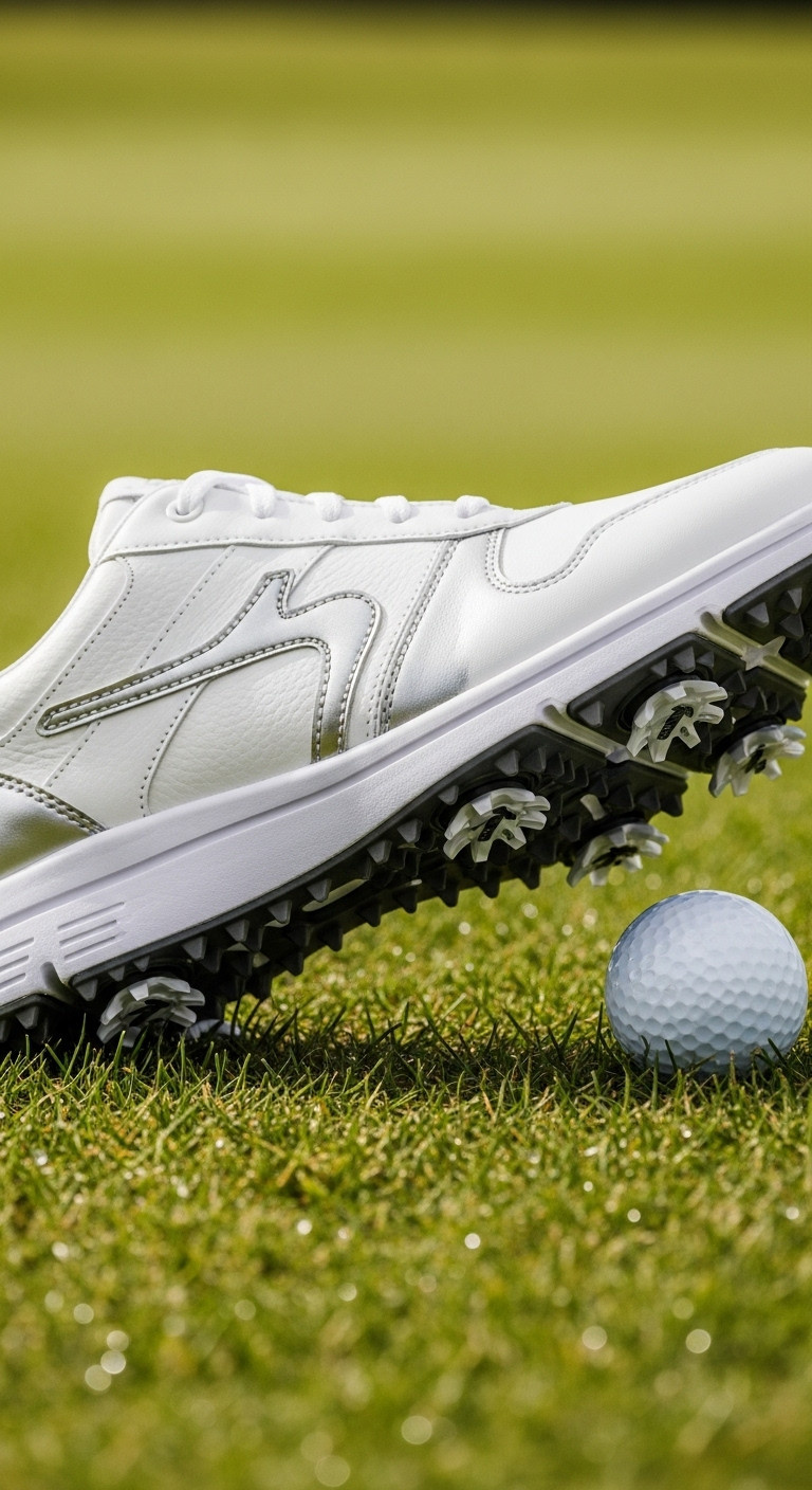 Effortless Golf Fashion For Women On And Off The Course Stylish White Spikeless Women'S Golf Shoes On A Dew-Covered Fairway. Highlights Waterproof Design And Unique Traction For Golf.