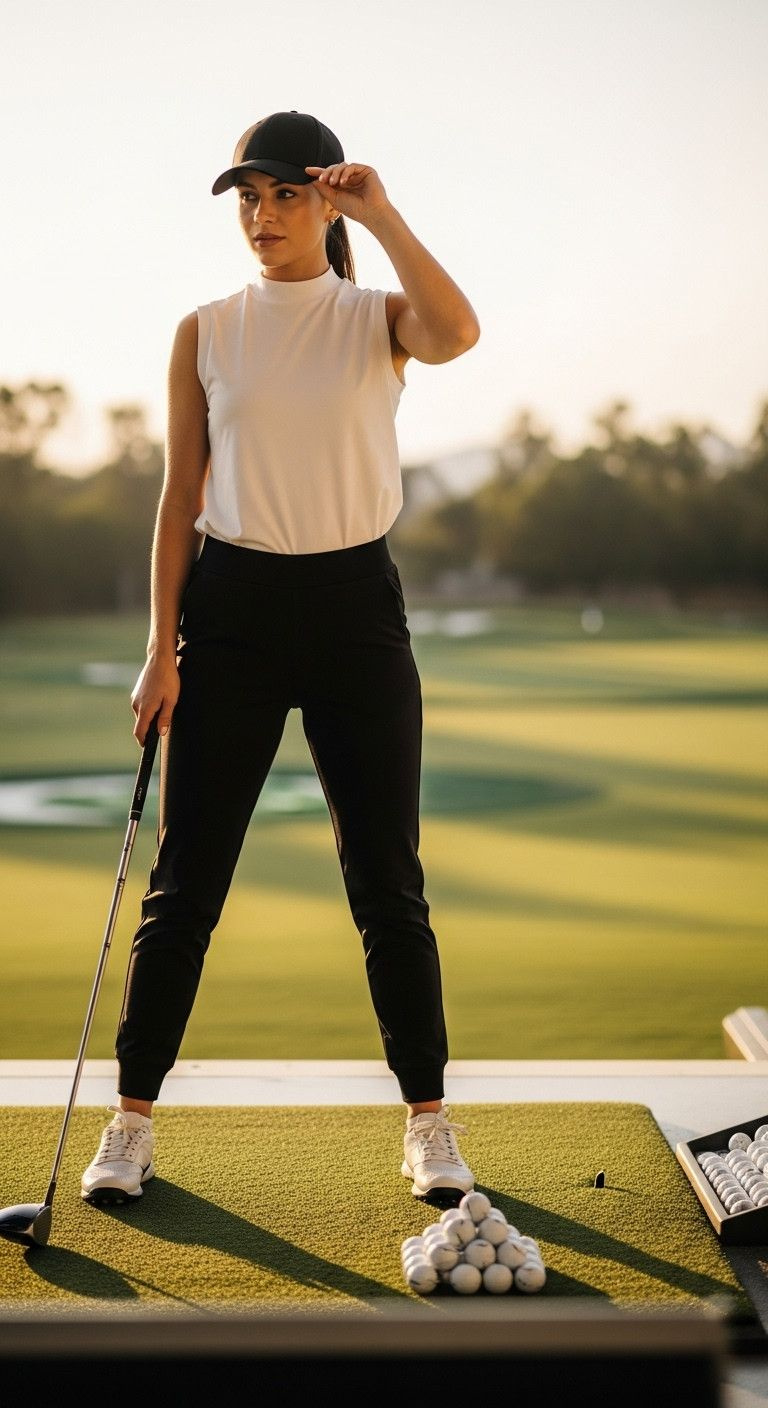 11 Genius Golf Outfits For Women To Look Stylish Anywhere Stylish Woman In Black Golf Joggers, White Mock Neck Top, Black Cap On A Driving Range During Golden Hour. Golf Apparel.