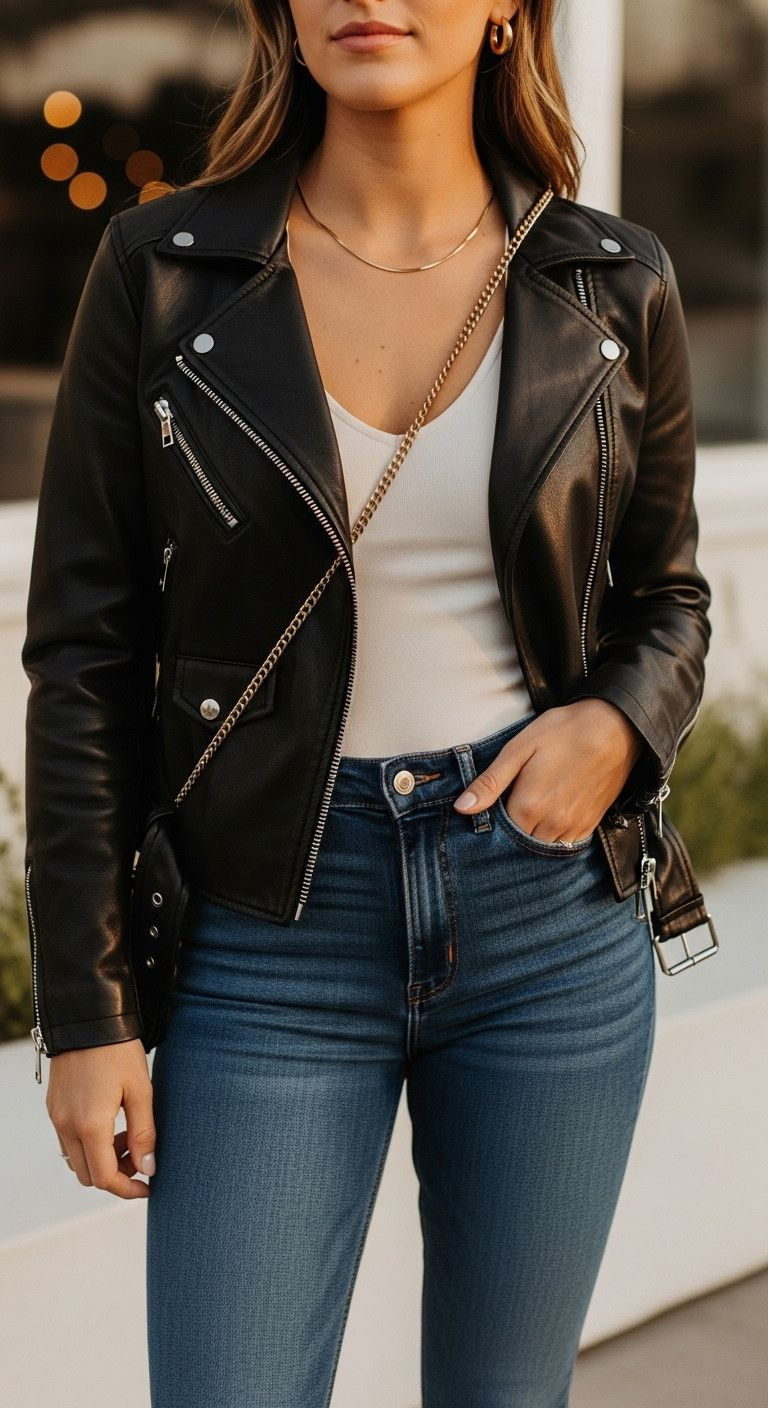 11 Cute Topgolf Outfits For Any Season Or Occasion Stylish Woman In Black Leather Moto Jacket, Cream Bodysuit, Dark Wash Jeans, Gold Jewelry, And Crossbody Bag For A Date Night Outfit.