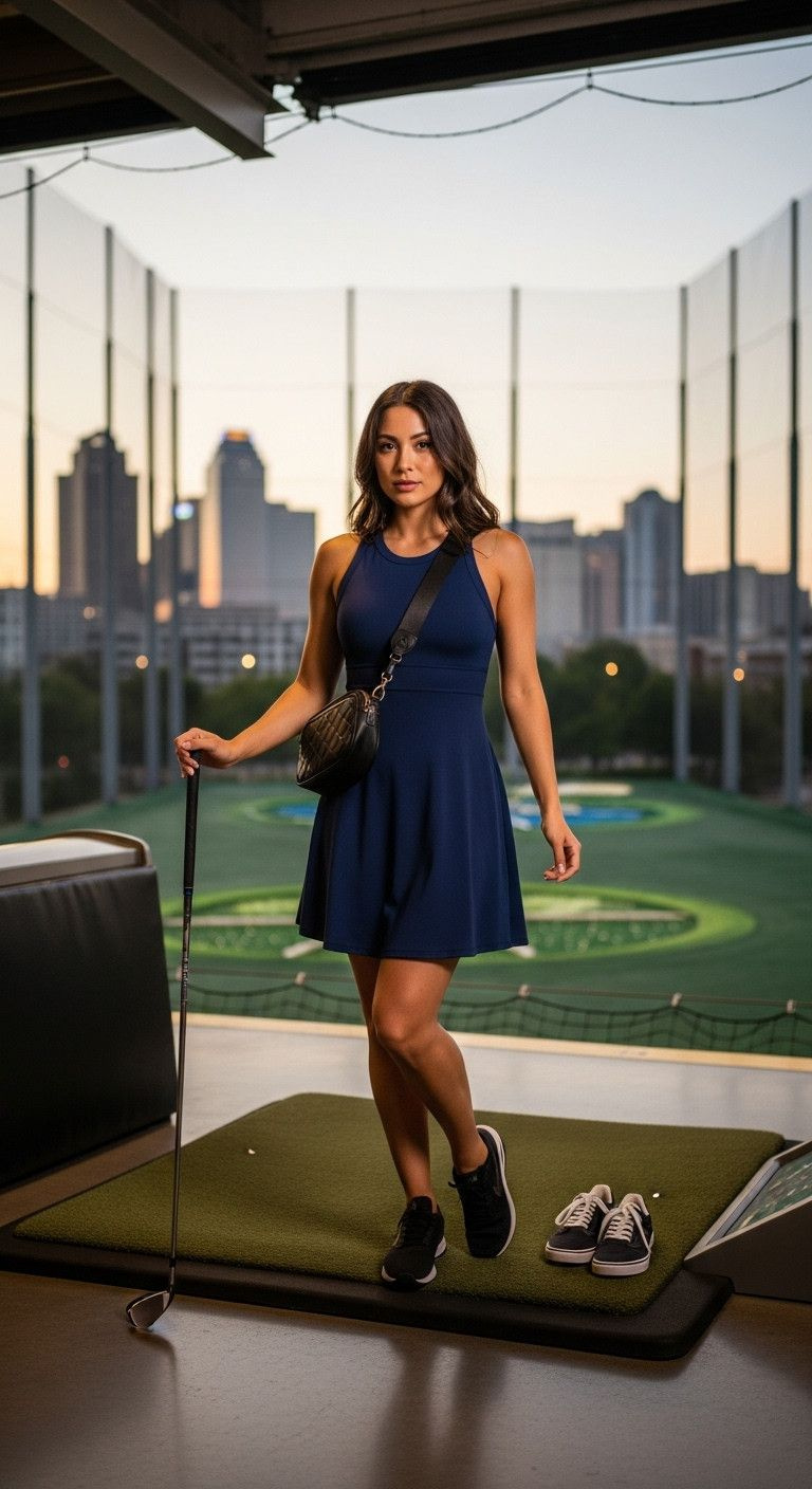 Stylish Woman In Sleek Navy Athletic Dress, Sneakers, Holding Golf Club At Top Golf Bay, City Lights At Dusk.