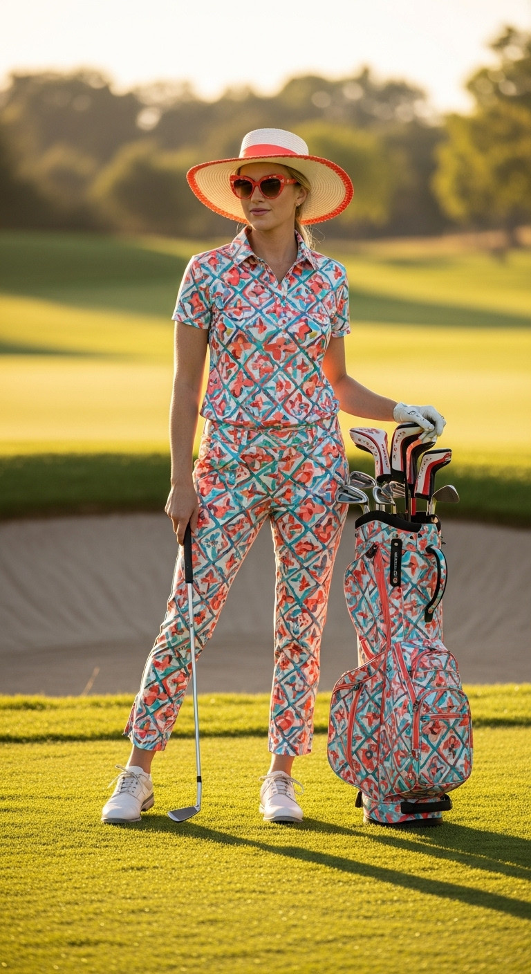 Stylish Woman In Vibrant Coral, Turquoise Patterned Golf Outfit, Designer Sunglasses, Golf Bag On Sunny Course Near Bunker.