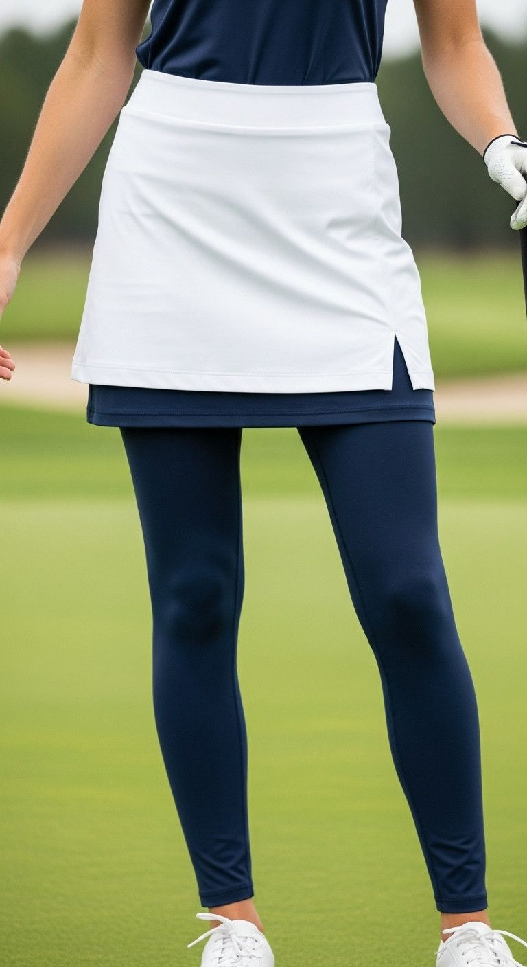 How To Wear Leggings For Golf And Look Perfectly Stylish Stylish Woman On Lush Green Golf Course, Featuring Navy Blue Golf Leggings, White Pleated Skort, Golf Shoe, And Club.