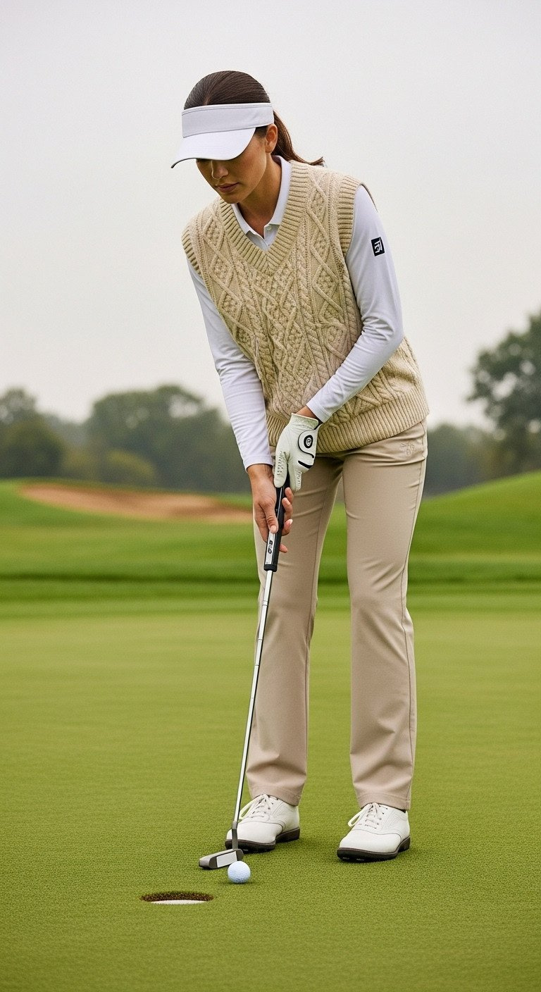 Stylish Woman Retrieving Golf Ball In Cream Cable-Knit Sweater Vest, White Top, Holding Putter On Green.