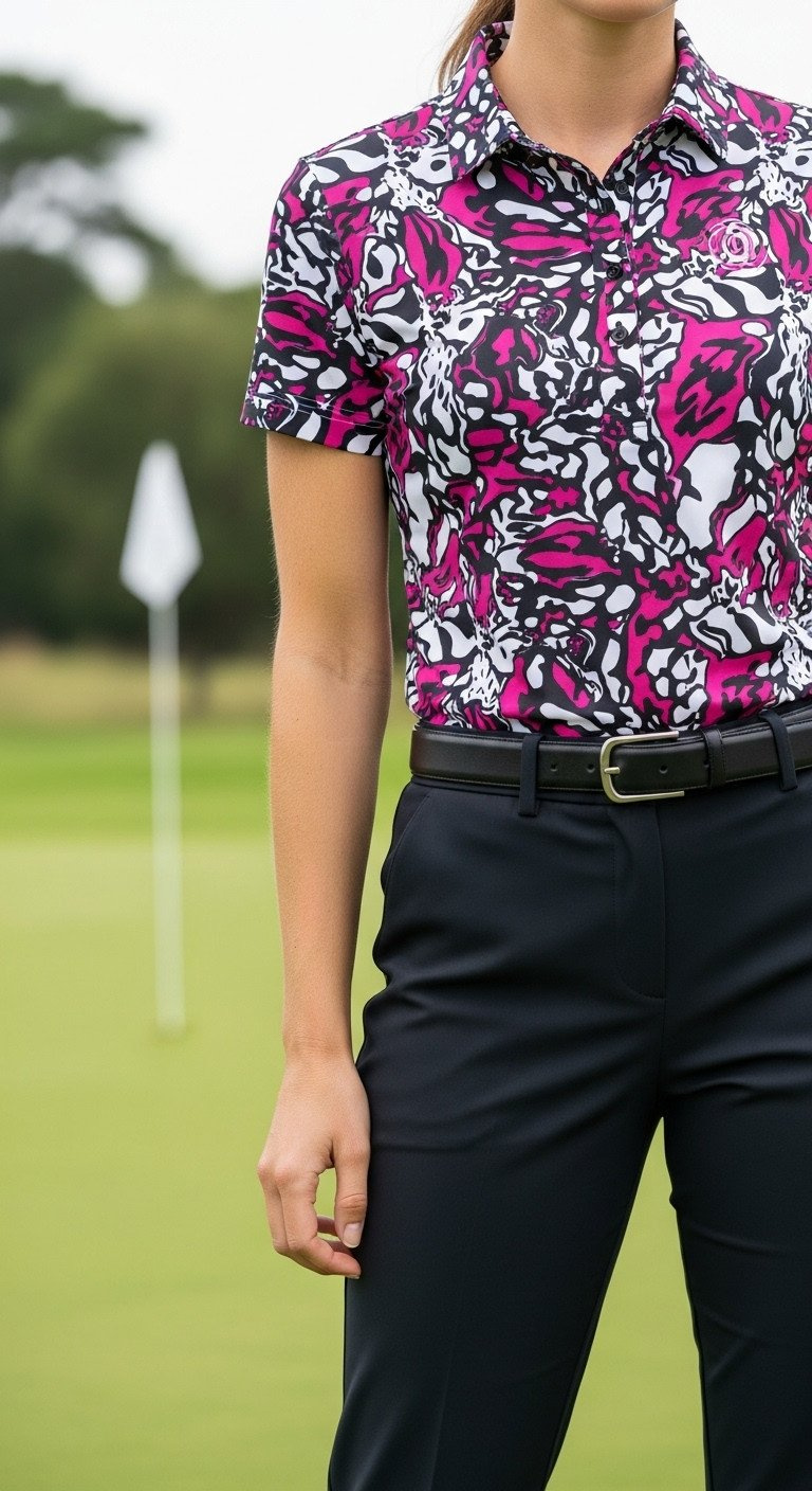 A Complete Guide To Chic Modest Golf Outfits For Women Stylish Woman'S Golf Polo With Black, White, Fuchsia Abstract Print, Black Tailored Pants &Amp; Leather Belt On Green.