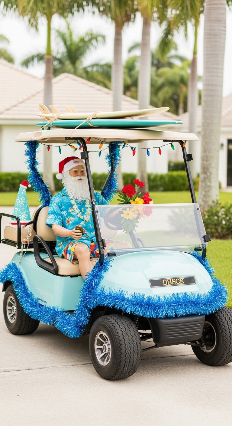 Surfin Santa Claus Getaway Golf Cart With Surfboard Santa In Hawaiian Shirt Blue Tinsel Waves And Tropical Lights For Christmas