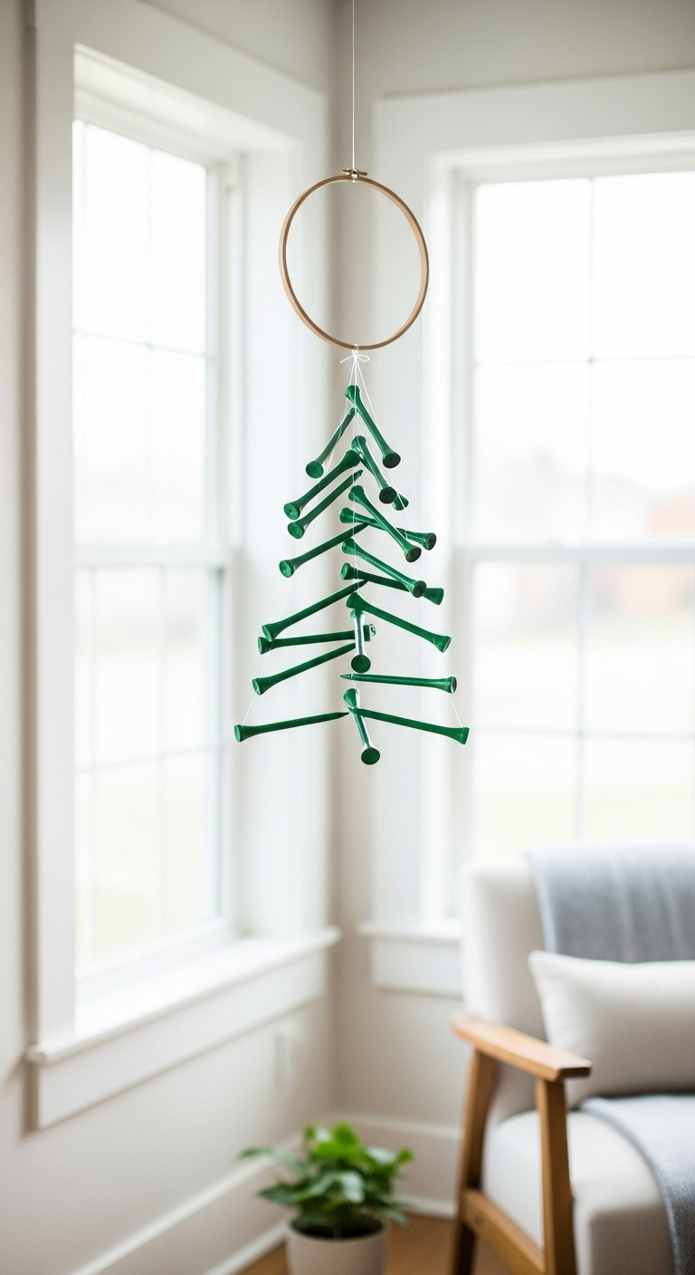 7 Creative Golf Tee Christmas Tree Ideas To Diy This Season Suspended Mobile Golf Tee Christmas Tree Diy Floating Decor Airy Modern Design Golf Themed Craft Unique Holiday Display