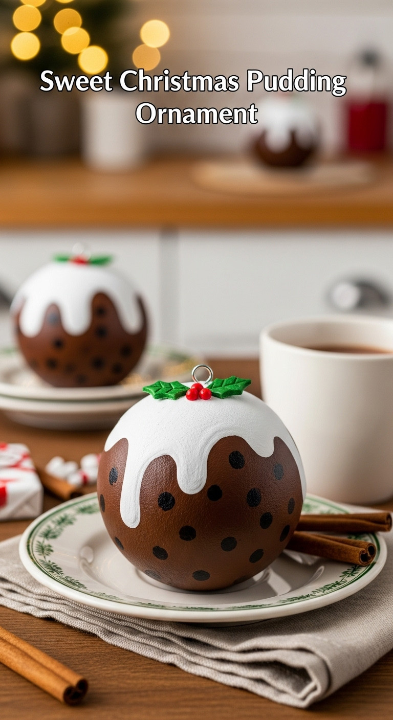 Sweet Christmas Pudding Golf Ball Ornament With Icing And Holly Leaves On A Festive Plate With Hot Cocoa