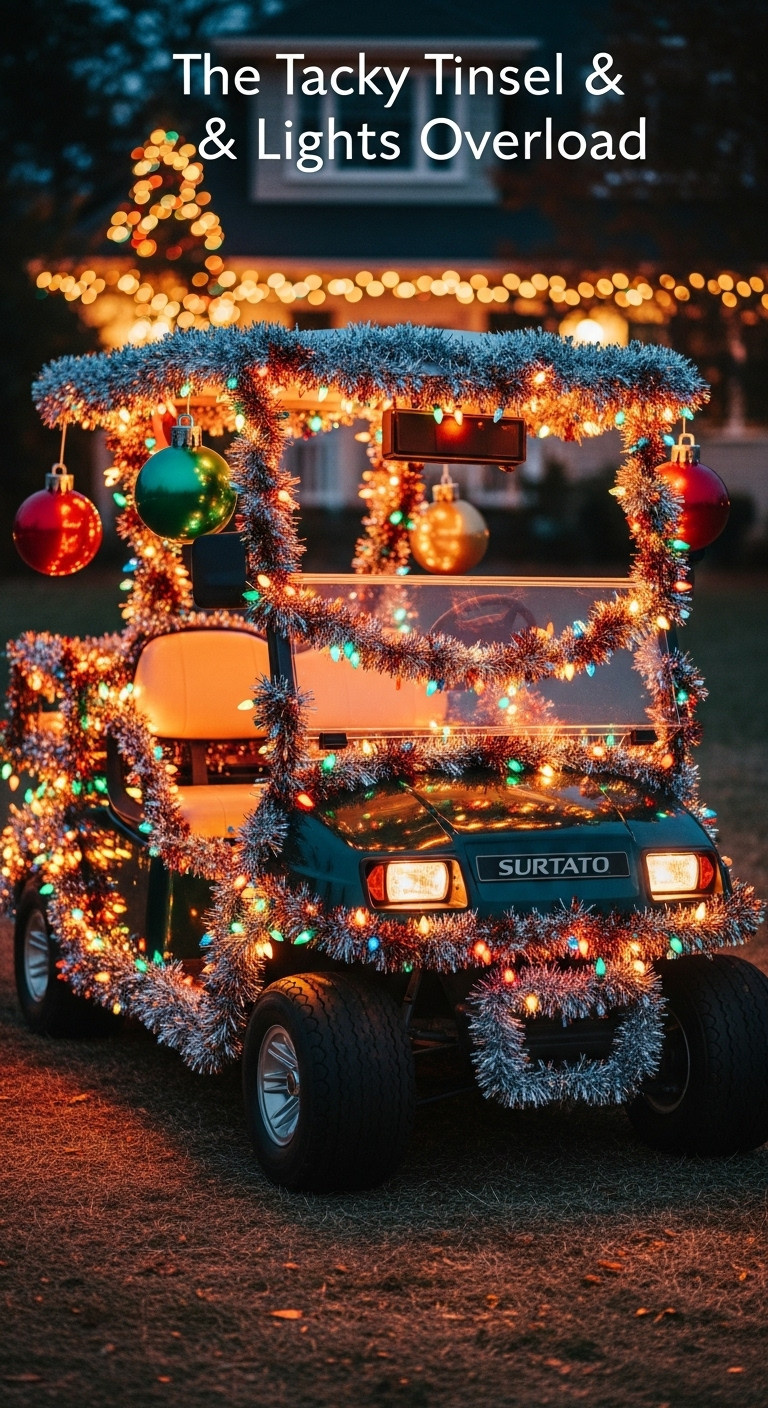 Tacky Tinsel Lights Overload Ugly Christmas Sweater Golf Cart Decor Festive Gaudy Holiday Lights Over The Top Display