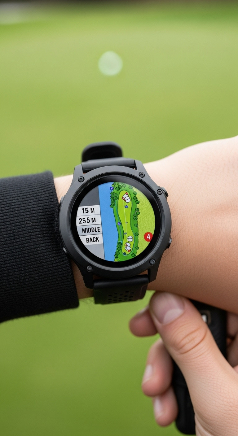 Teenager'S Wrist Wearing A Modern Black Golf Gps Watch Displaying A Colorful Course Map With Distances On A Golf Course