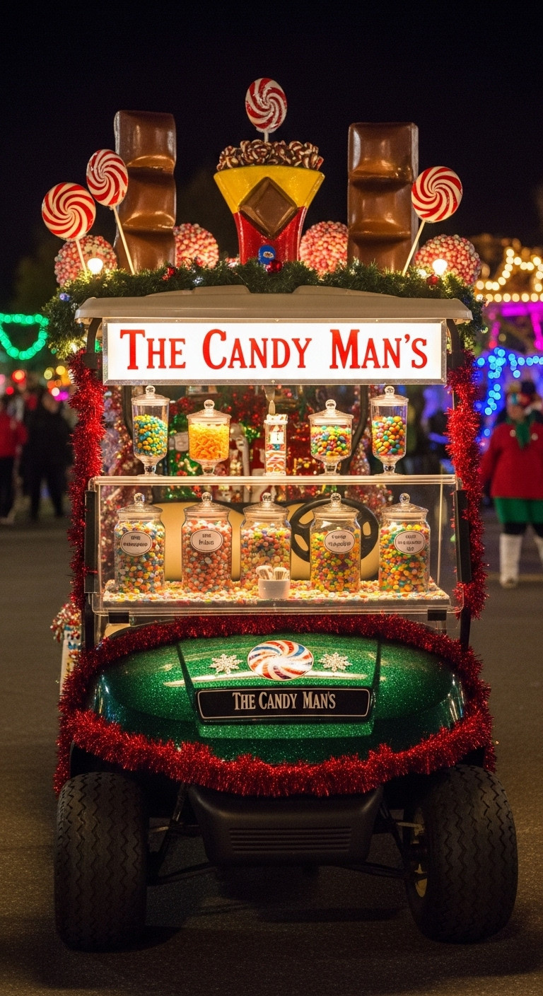 9 Dazzling Decorated Golf Cart Ideas For Christmas Parades The Candy Man'S Golf Cart Transformed Into A Candy Cart With Lighted Sign Oversized Chocolate And Colorful Treats