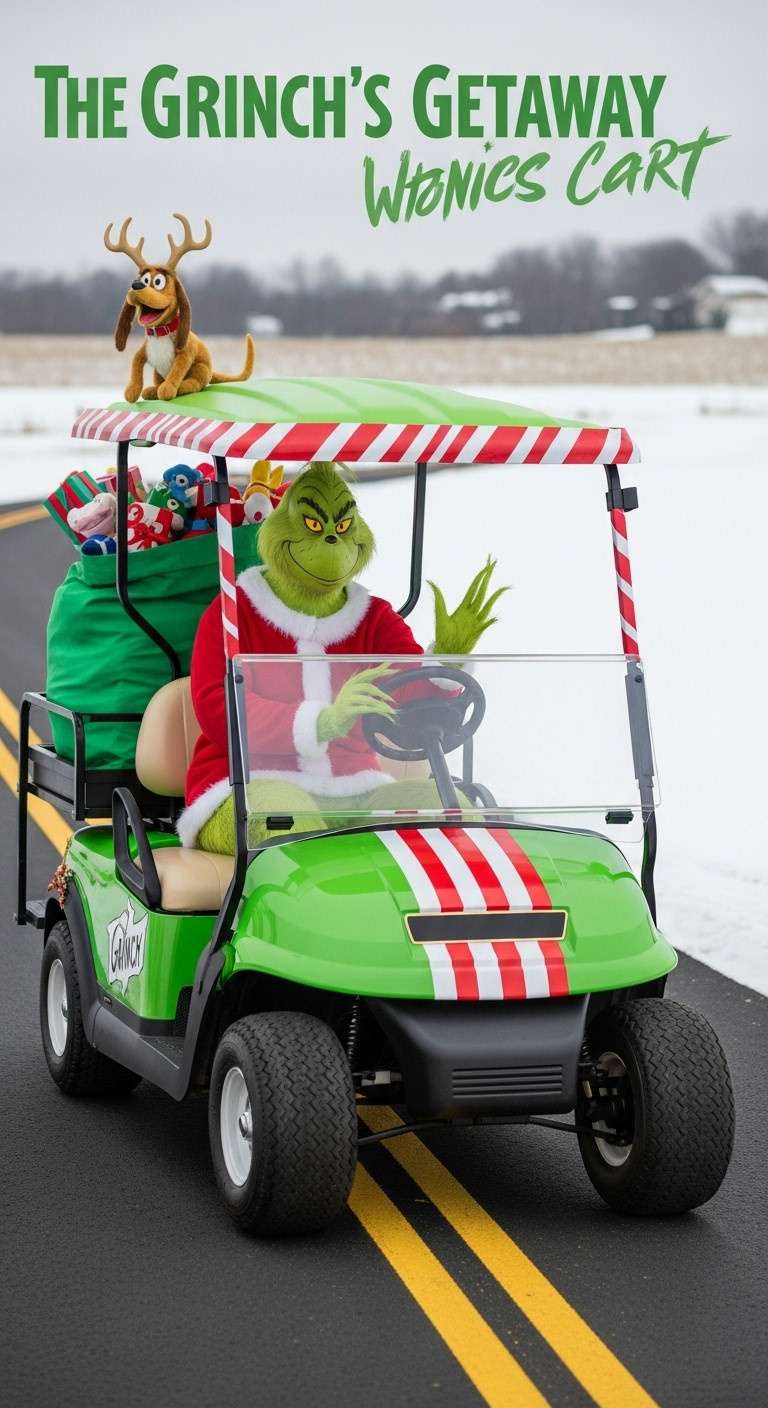 9 Dazzling Decorated Golf Cart Ideas For Christmas Parades The Grinch'S Getaway Cart Golf Cart In Grinch Green With A Grinch Driver Stolen Toys And Max The Dog