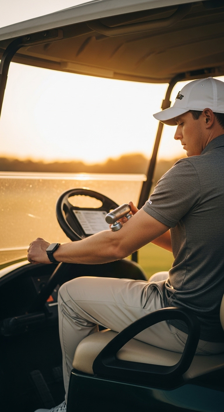 Theragun Mini Used By A Golfer For Post Round Recovery On A Golf Cart At Sunset On The Course